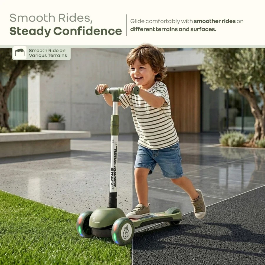 Road Runner Swift Kids Scooter - 3 Level Height Adjustable, Foldable, LED PU Wheels with Gravity Steering - Military Green - Image 3