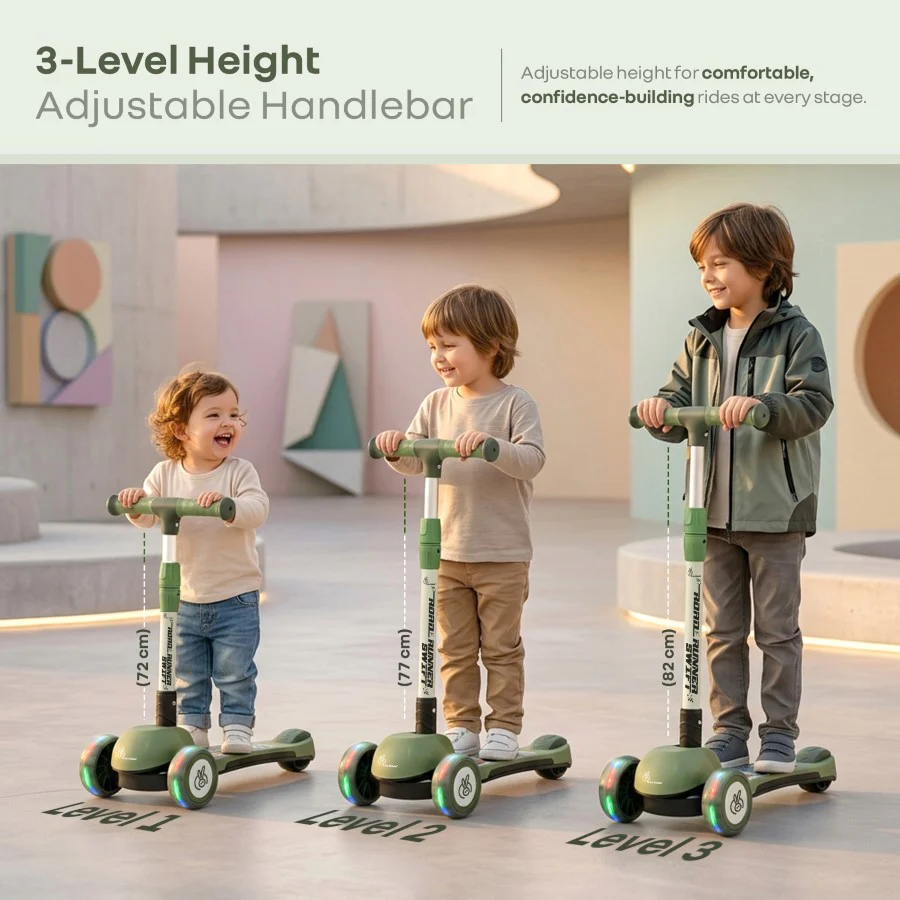 Road Runner Swift Kids Scooter - 3 Level Height Adjustable, Foldable, LED PU Wheels with Gravity Steering - Military Green - Image 4