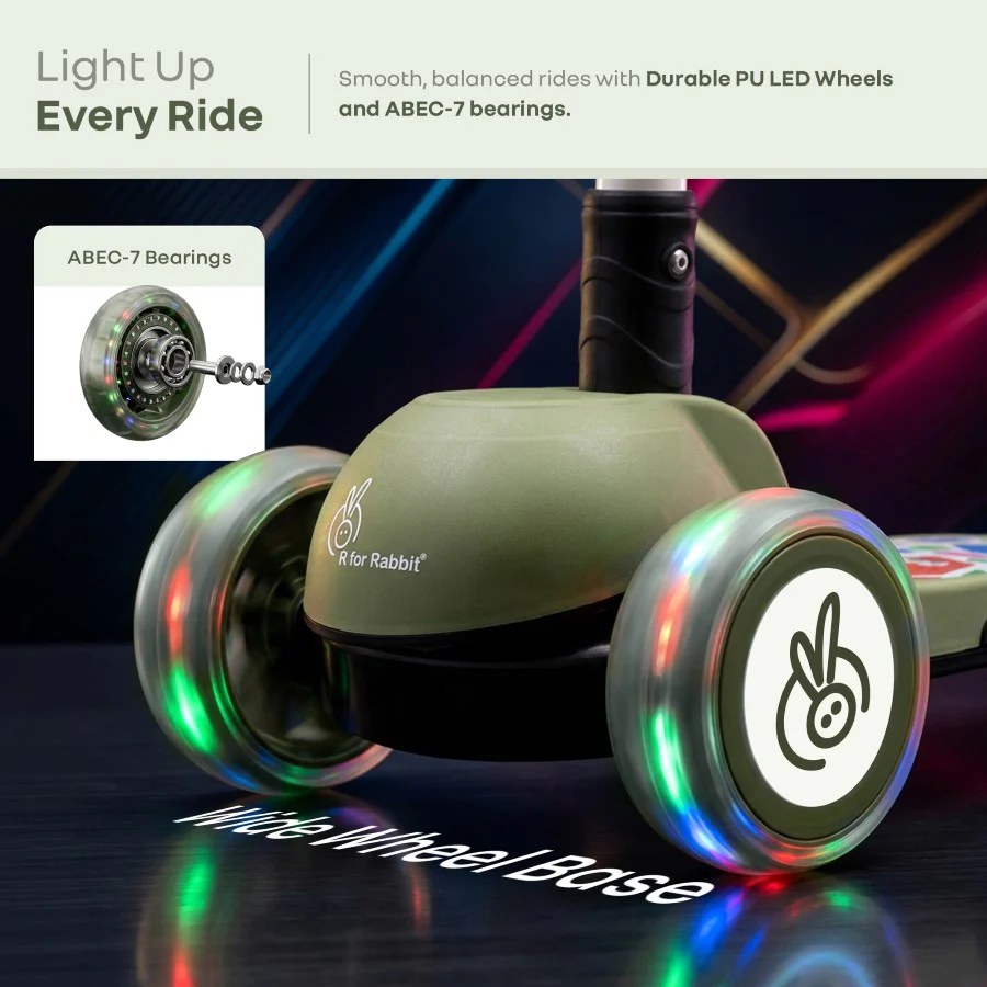 Road Runner Swift Kids Scooter - 3 Level Height Adjustable, Foldable, LED PU Wheels with Gravity Steering - Military Green - Image 5