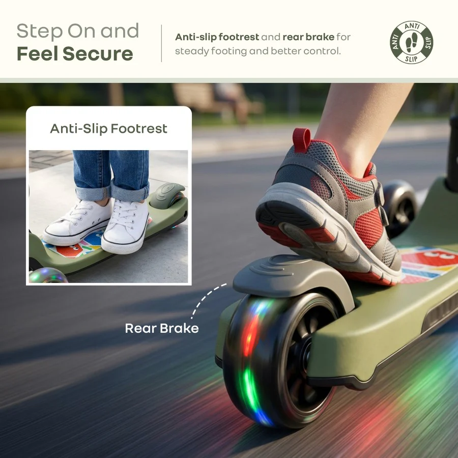Road Runner Swift Kids Scooter - 3 Level Height Adjustable, Foldable, LED PU Wheels with Gravity Steering - Military Green - Image 6