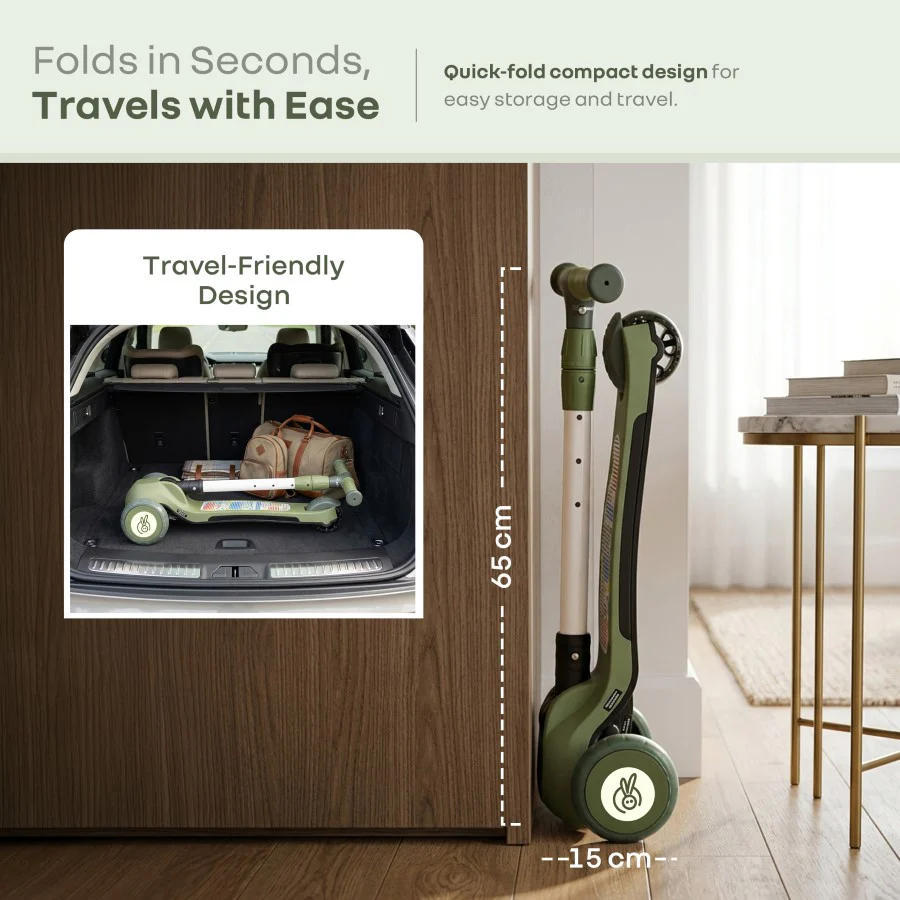 Road Runner Swift Kids Scooter - 3 Level Height Adjustable, Foldable, LED PU Wheels with Gravity Steering - Military Green - Image 7