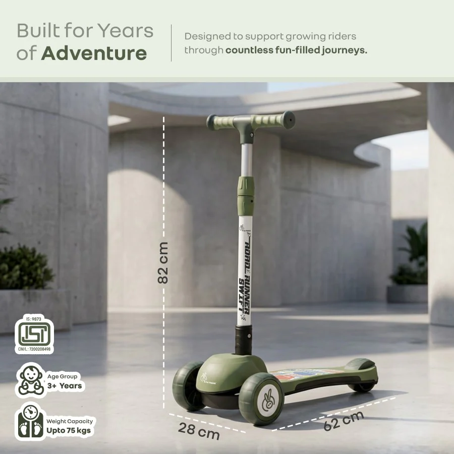 Road Runner Swift Kids Scooter - 3 Level Height Adjustable, Foldable, LED PU Wheels with Gravity Steering - Military Green - Image 8