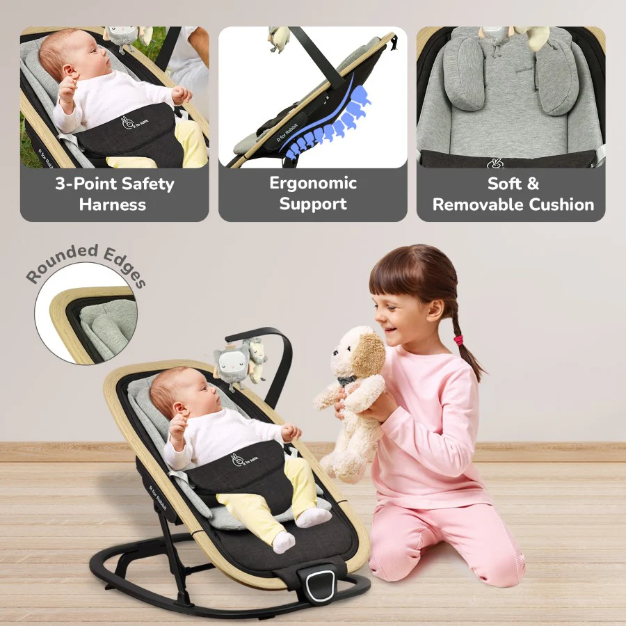 Rock N Nap Bliss – Lightweight Baby Sleeper & Rocker Soft, Safe & Travel-Friendly - Grey Black - Image 6