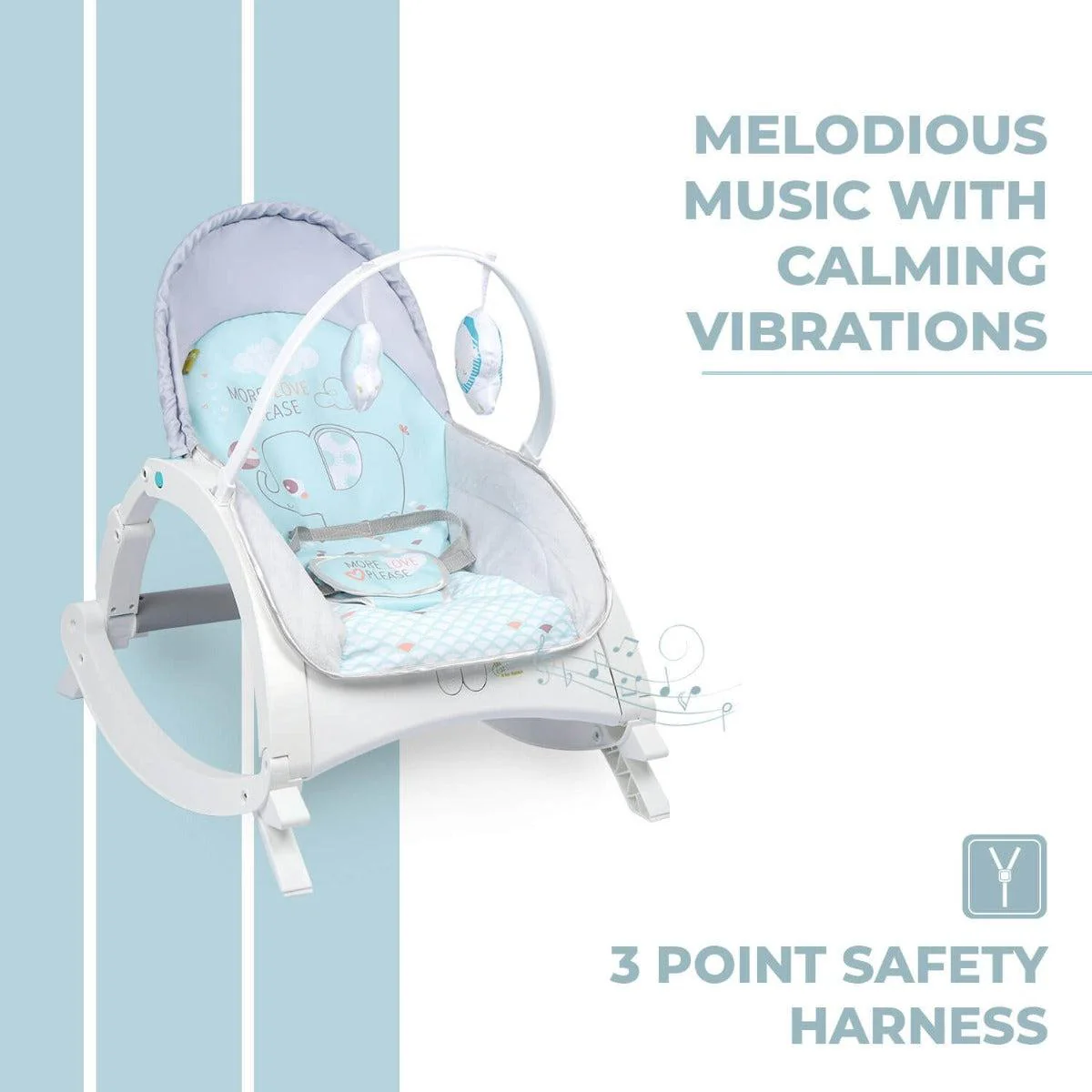 3 in 1 Rock N Play Rocker - Adjustable Backrest Recline, Detachable Toy Bar, Soothing Music & Vibration, Adjustable backrest, 0+ Months - Green Grey - Image 5