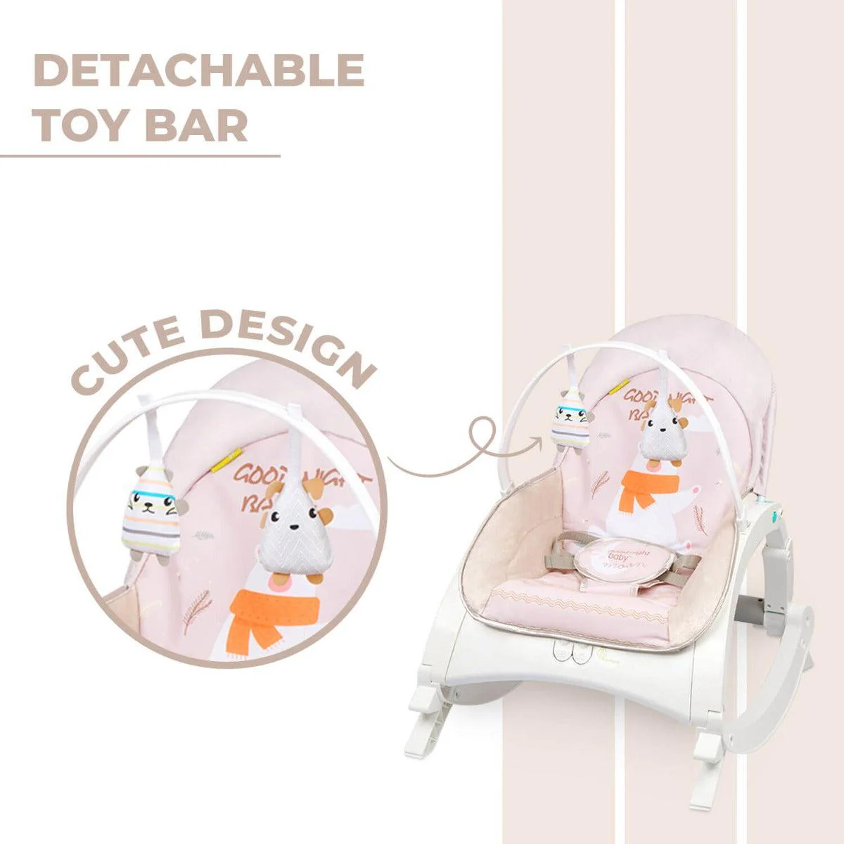 3 in 1 Rock N Play Rocker - Adjustable Backrest Recline, Detachable Toy Bar, Soothing Music & Vibration, Adjustable backrest, 0+ Months - Cream Grey - Image 4