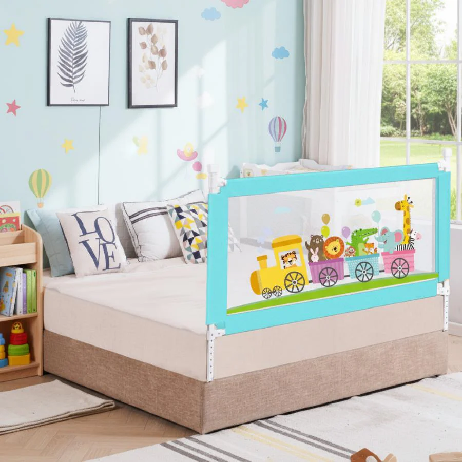 Safari Bed Rail for Baby With Adjustable Height, Mesh & Storage Pocket - Blue