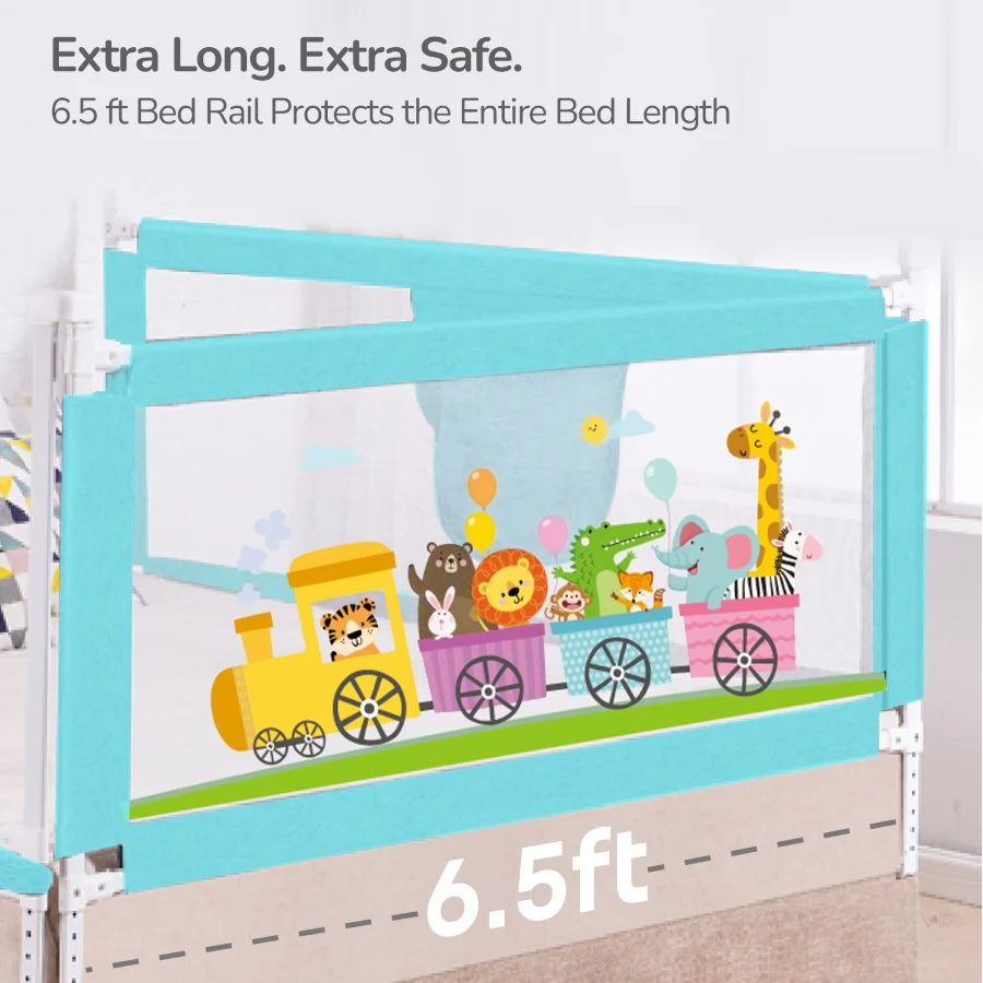 Safari Bed Rail for Baby With Adjustable Height, Mesh & Storage Pocket - Blue - Image 2