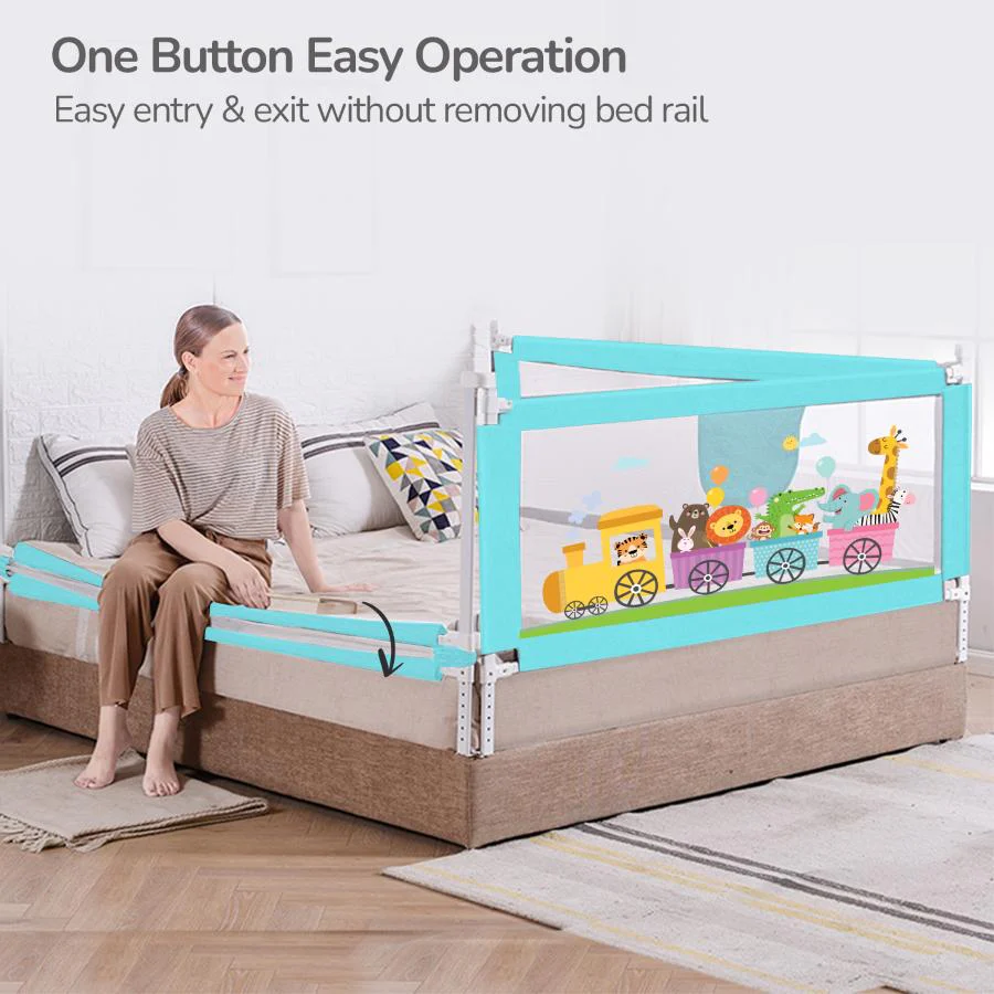 Safari Bed Rail for Baby With Adjustable Height, Mesh & Storage Pocket - Blue - Image 5