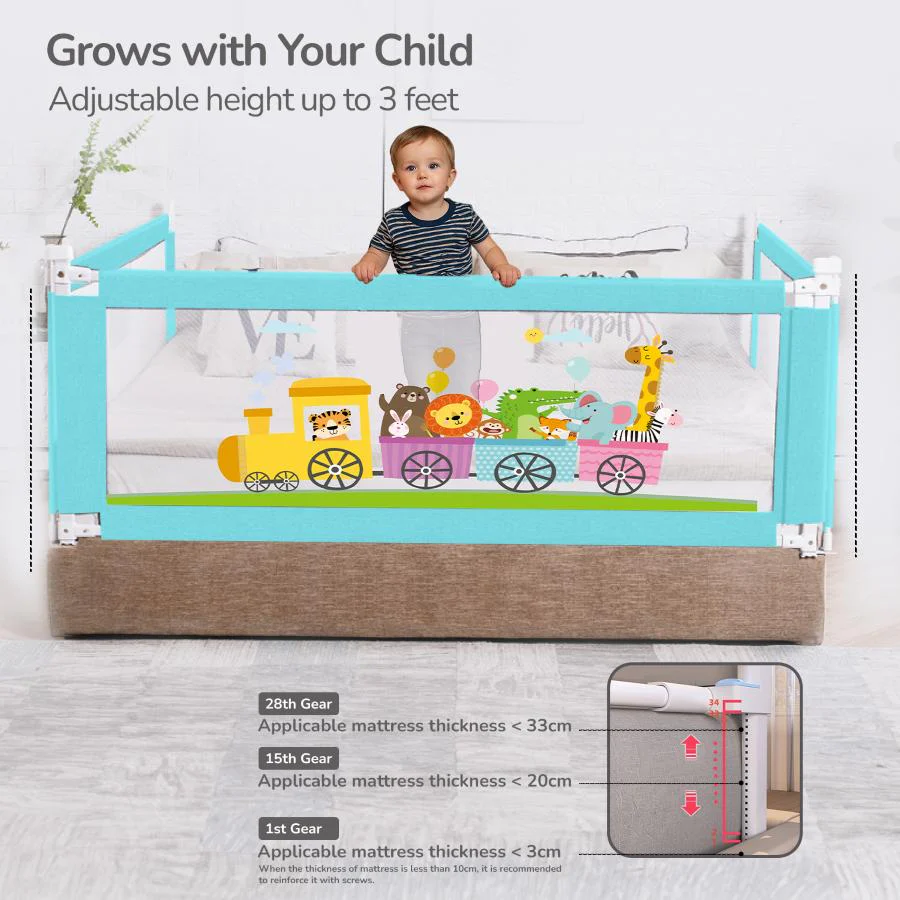 Safari Bed Rail for Baby With Adjustable Height, Mesh & Storage Pocket - Blue - Image 6