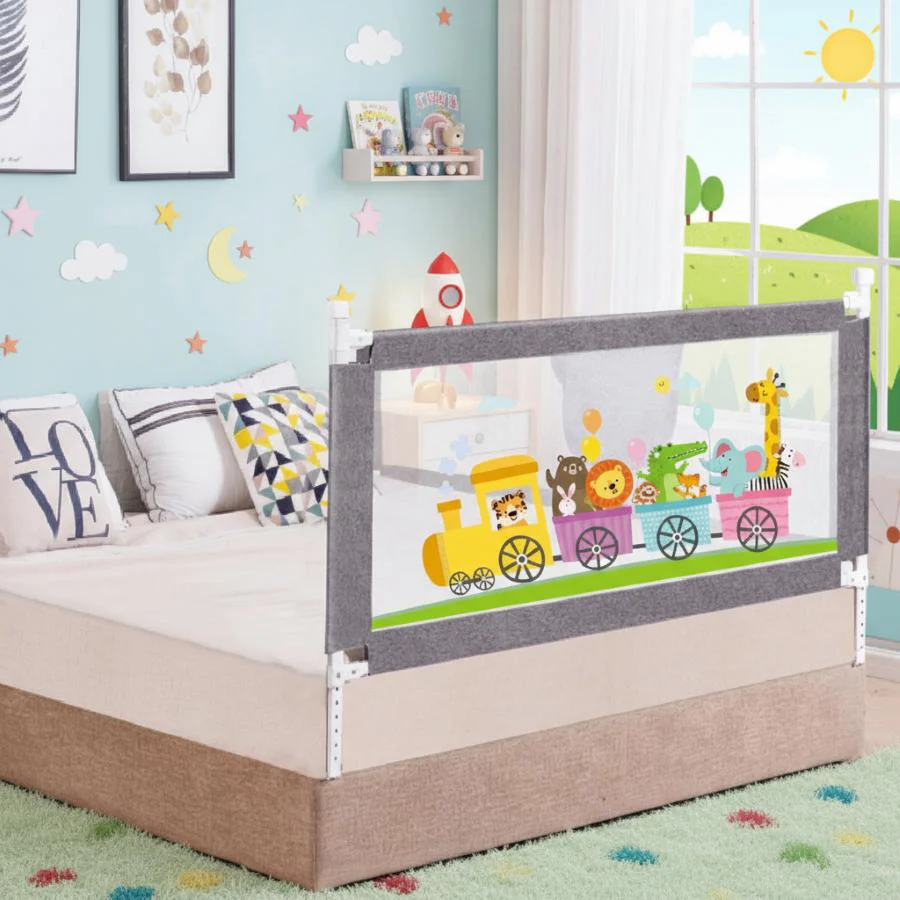 Safari Bed Rail for Baby With Adjustable Height, Mesh & Storage Pocket - Grey