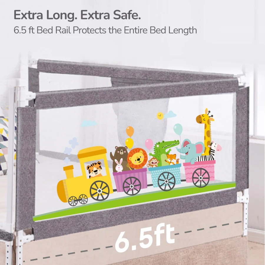 Safari Bed Rail for Baby With Adjustable Height, Mesh & Storage Pocket - Grey - Image 2