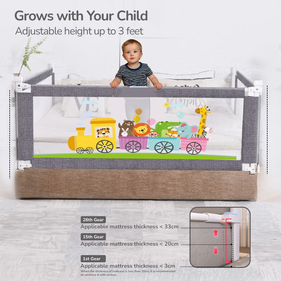 Safari Bed Rail for Baby With Adjustable Height, Mesh & Storage Pocket - Grey - Image 6