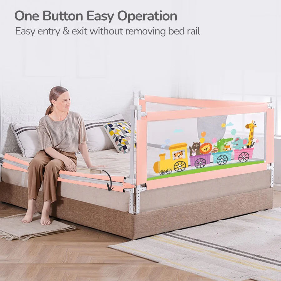 Safari Bed Rail for Baby With Adjustable Height, Mesh & Storage Pocket - Pink - Image 5