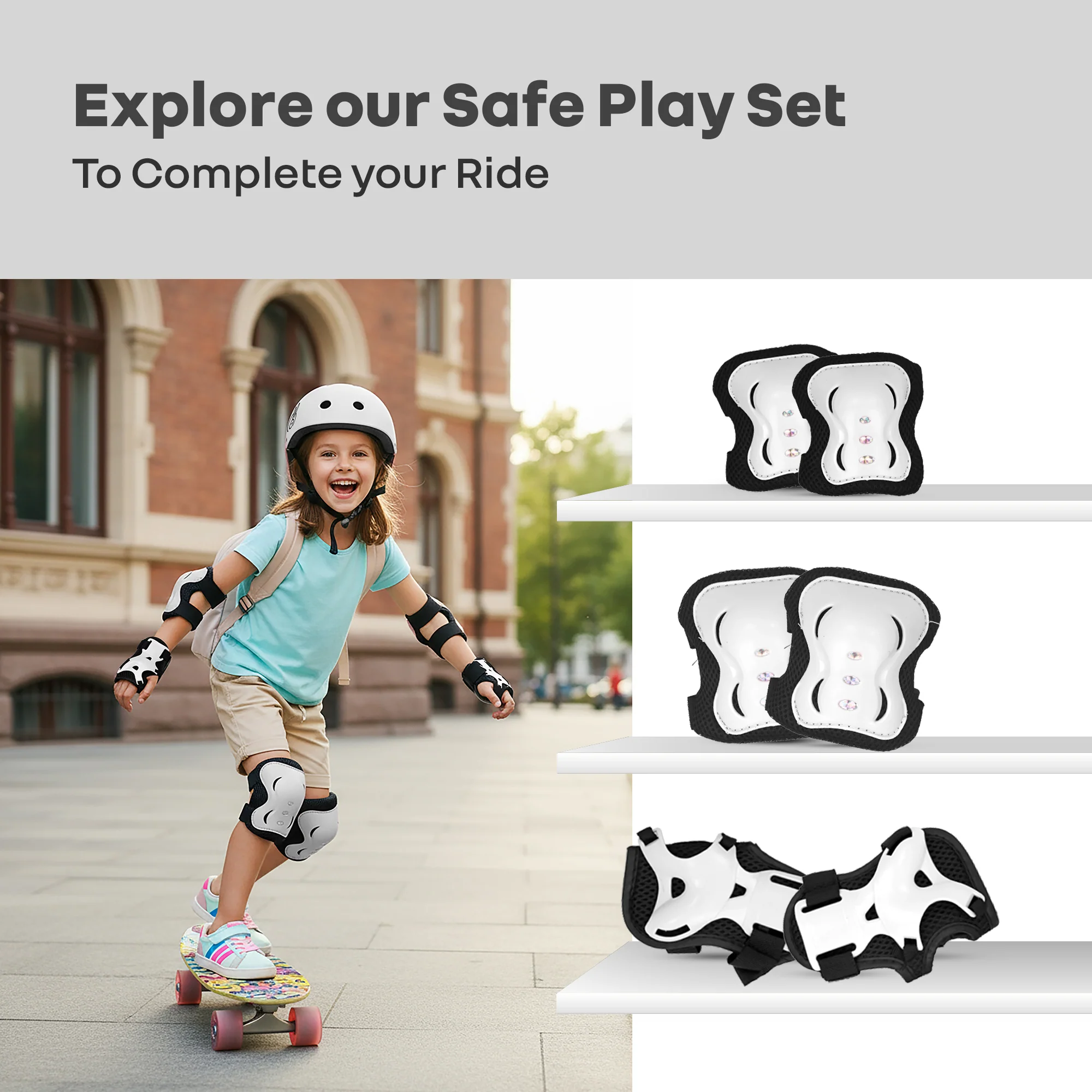 Kids Safety Protector Pads Set, Cushioned Knee, Elbow & Wrist Guards for Outdoor Riding & Sports - White - Image 9