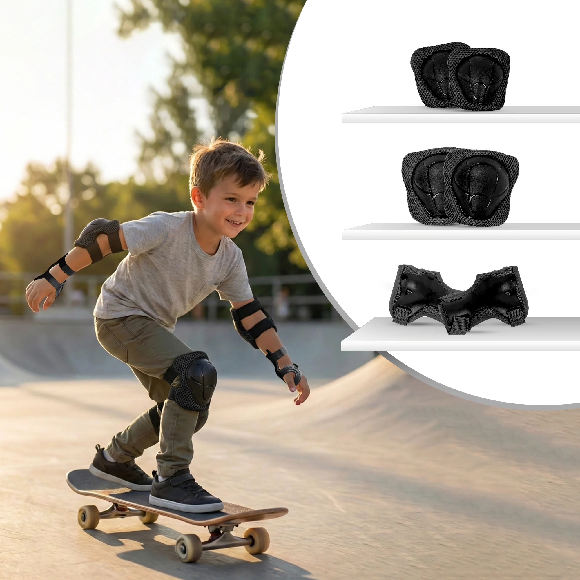 Kids Safety Protector Pads Set, Cushioned Knee, Elbow & Wrist Guards for Outdoor Riding & Sports - Black Sports