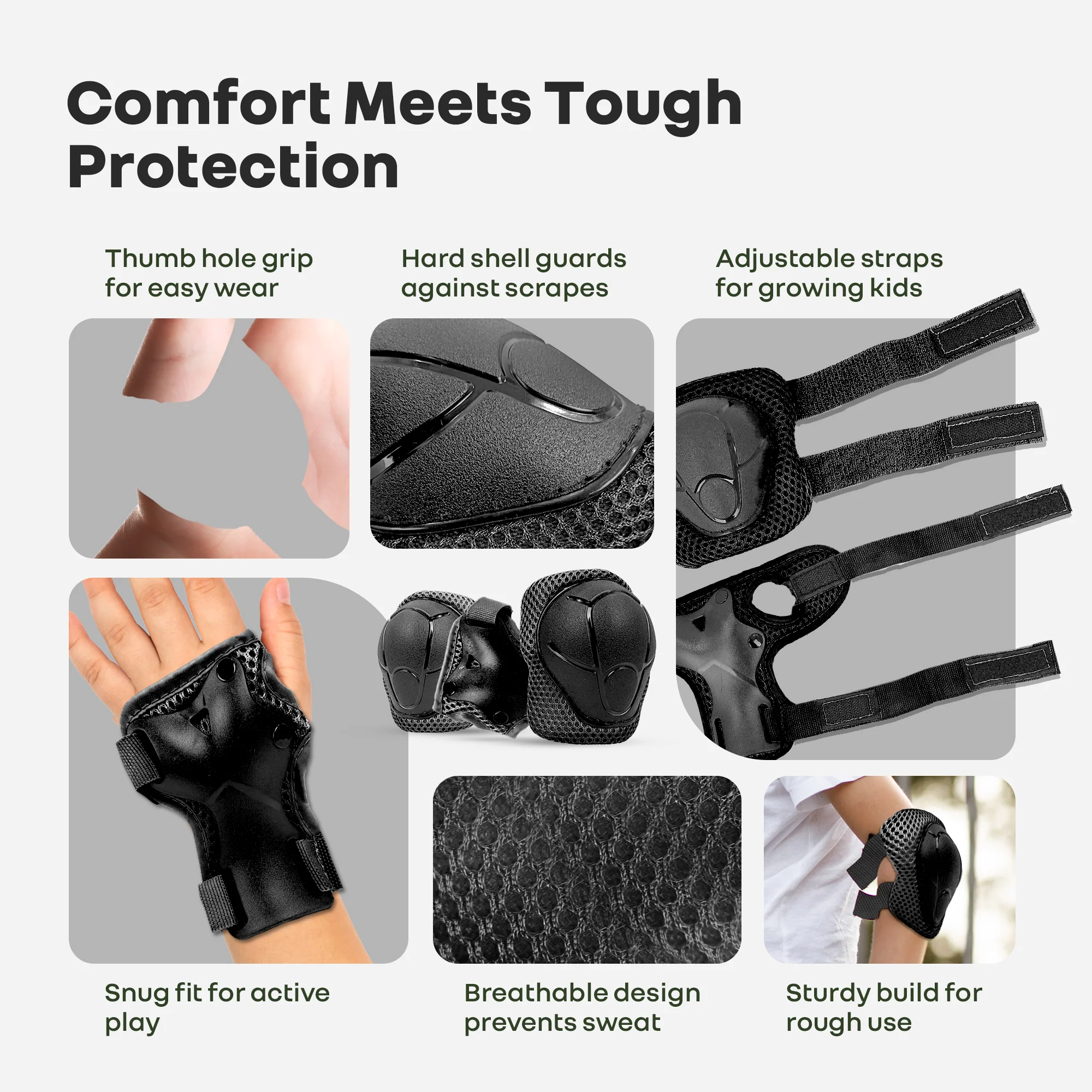 Kids Safety Protector Pads Set, Cushioned Knee, Elbow & Wrist Guards for Outdoor Riding & Sports - Black Sports - Image 3