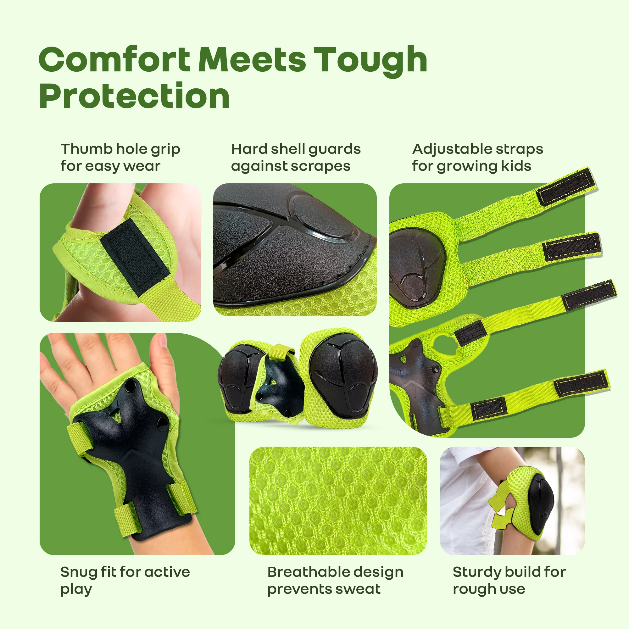 Kids Safety Protector Pads Set, Cushioned Knee, Elbow & Wrist Guards for Outdoor Riding & Sports - Green Sports - Image 3