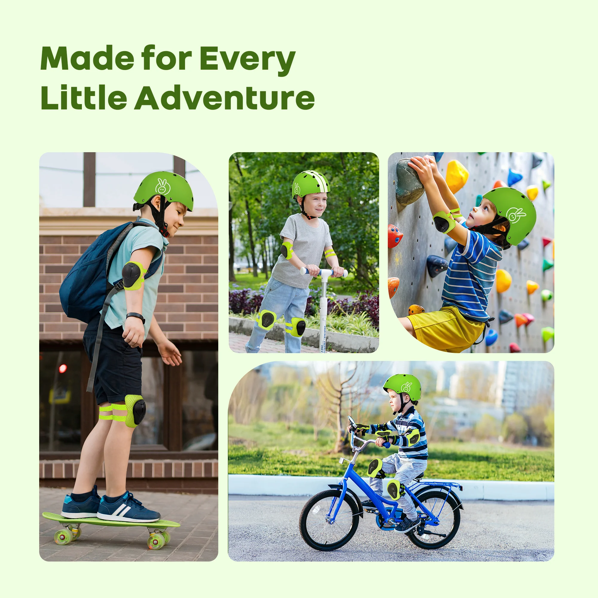 Kids Safety Protector Pads Set, Cushioned Knee, Elbow & Wrist Guards for Outdoor Riding & Sports - Green Sports - Image 4