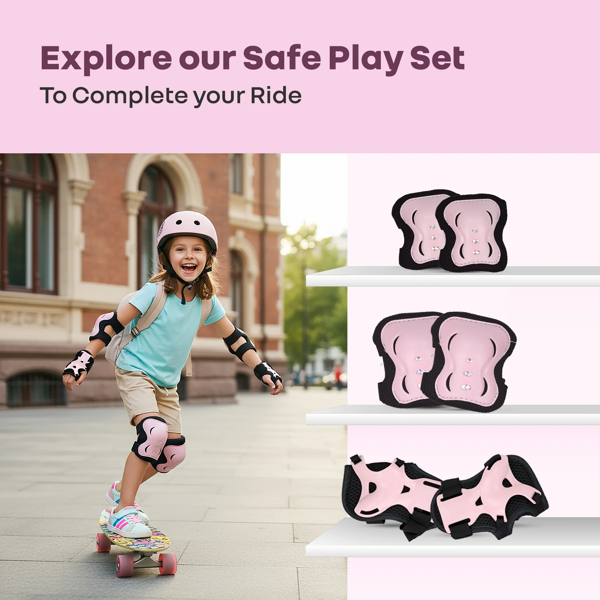 Kids Safety Protector Pads Set, Cushioned Knee, Elbow & Wrist Guards for Outdoor Riding & Sports - Pink - Image 9