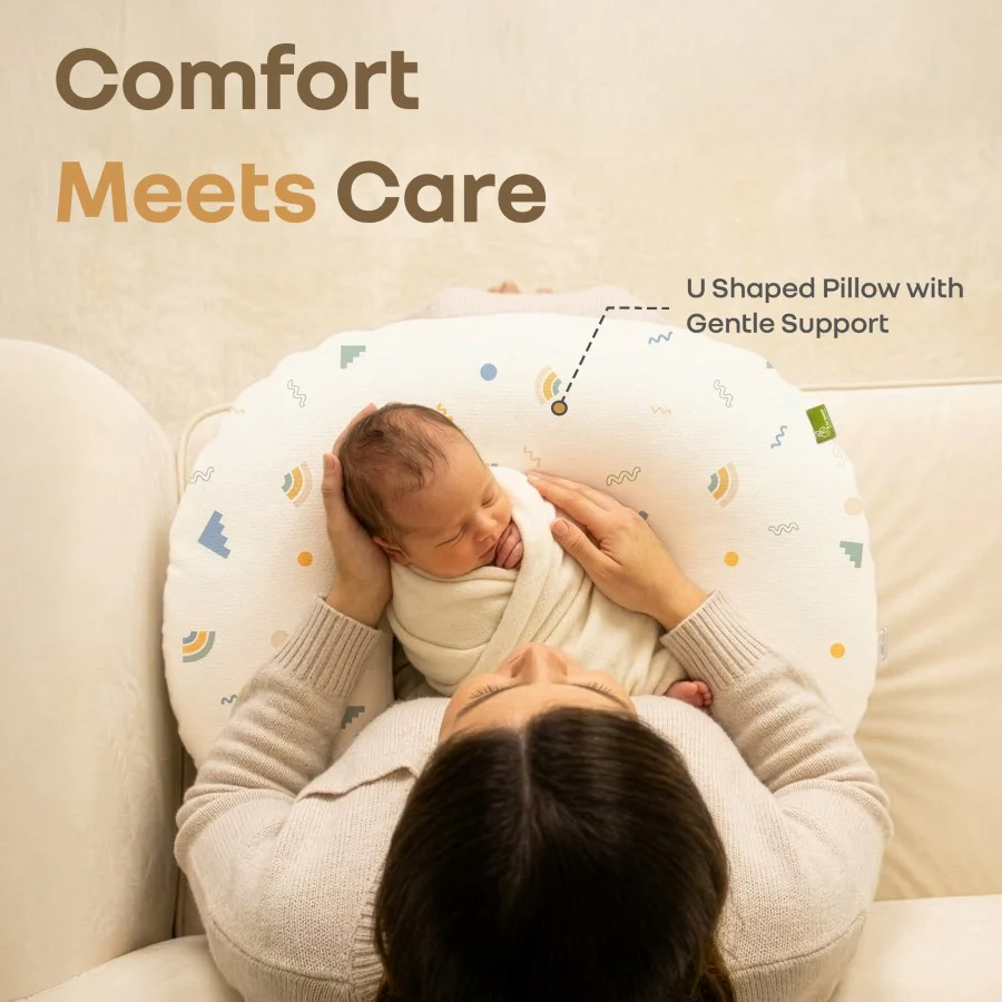 Snuggy Comfy Baby Feeding Pillow for Newborn Babies 0+ Months, Ergonomic Cotton Nursing Pillow with Tummy Time & Sitting Support - Abstract Beige - Image 3