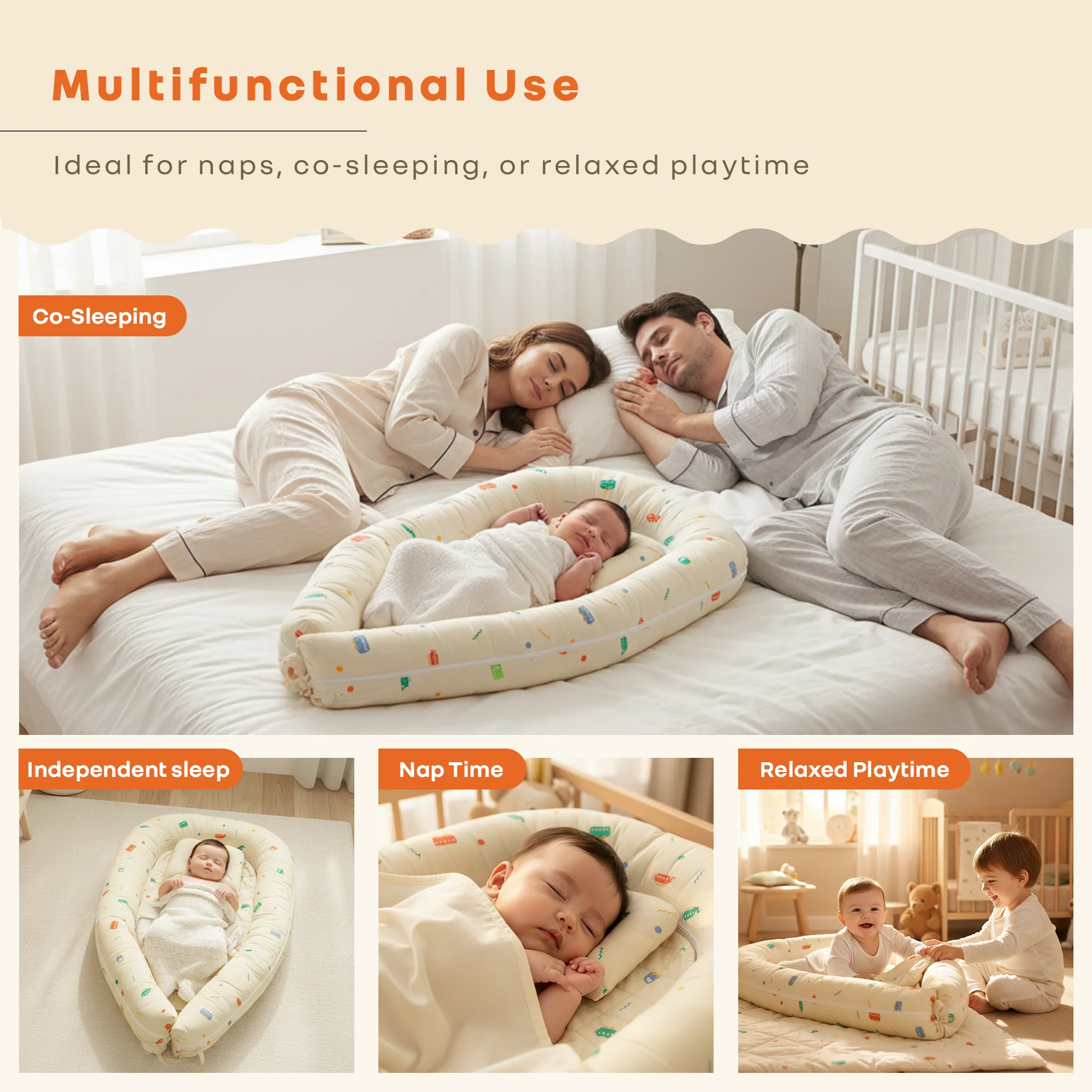 Snuggy Cuddles Newborn Baby Bed - Anti-Roll Baby Nest - 100% Cotton Breathable Lounger - Roadster Beige - Image 3