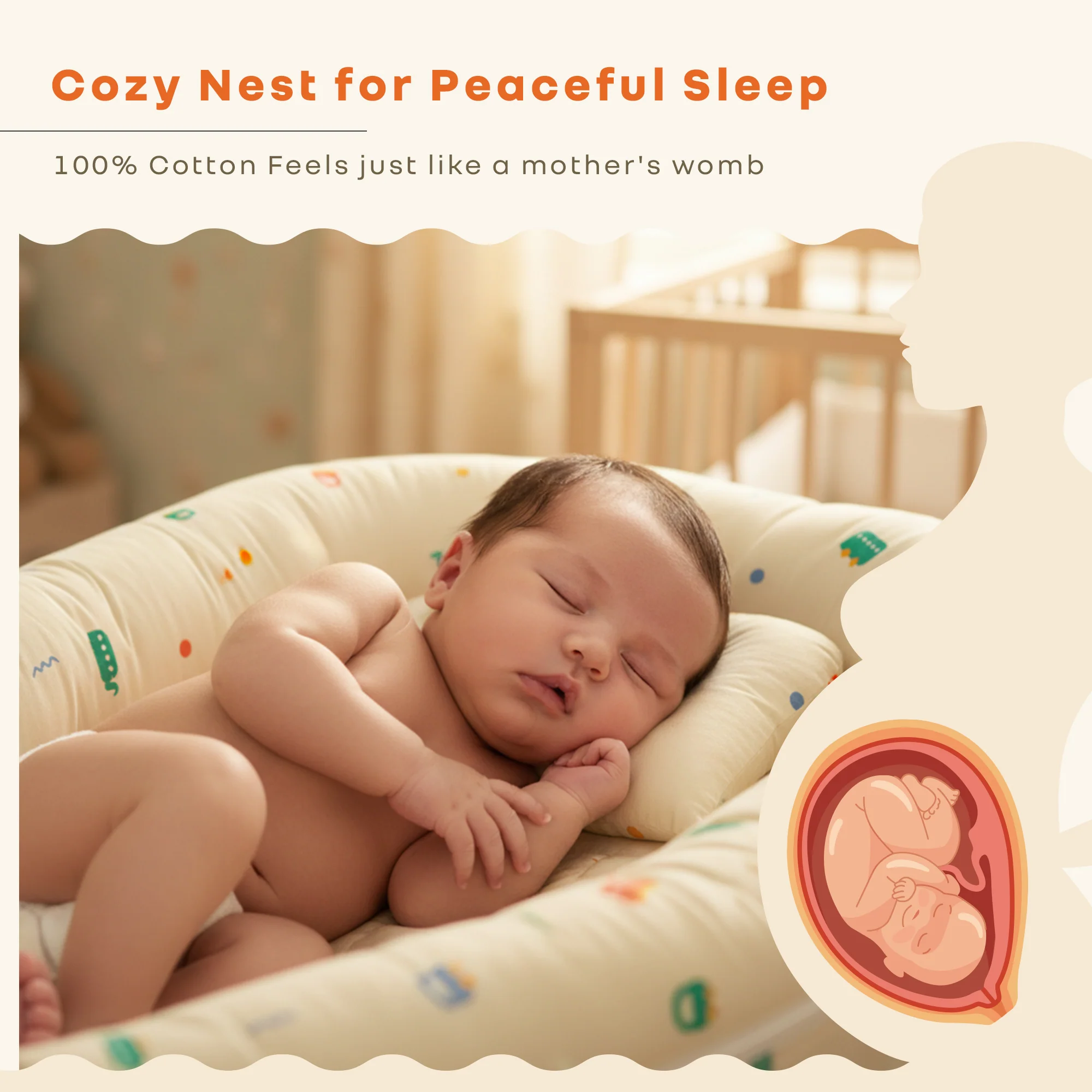 Snuggy Cuddles Newborn Baby Bed - Anti-Roll Baby Nest - 100% Cotton Breathable Lounger - Roadster Beige - Image 5