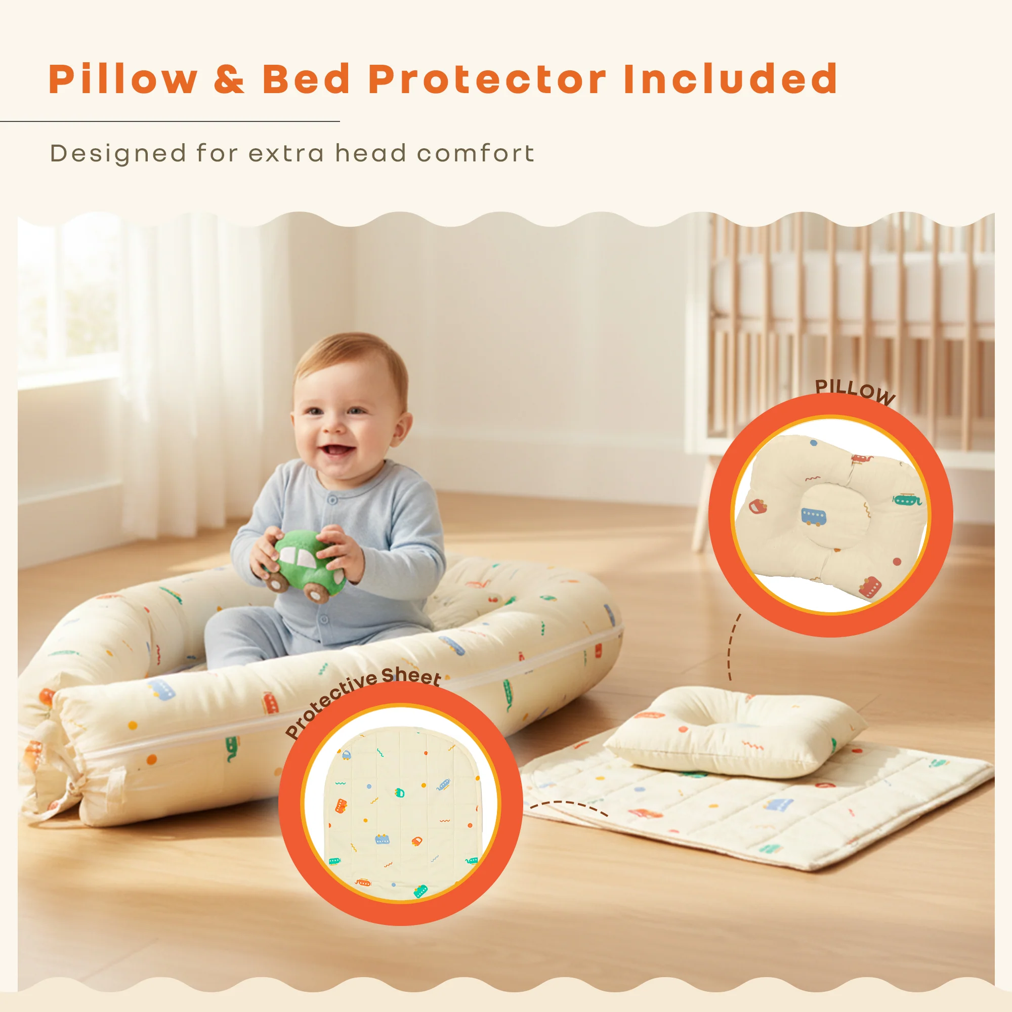 Snuggy Cuddles Newborn Baby Bed - Anti-Roll Baby Nest - 100% Cotton Breathable Lounger - Roadster Beige - Image 6