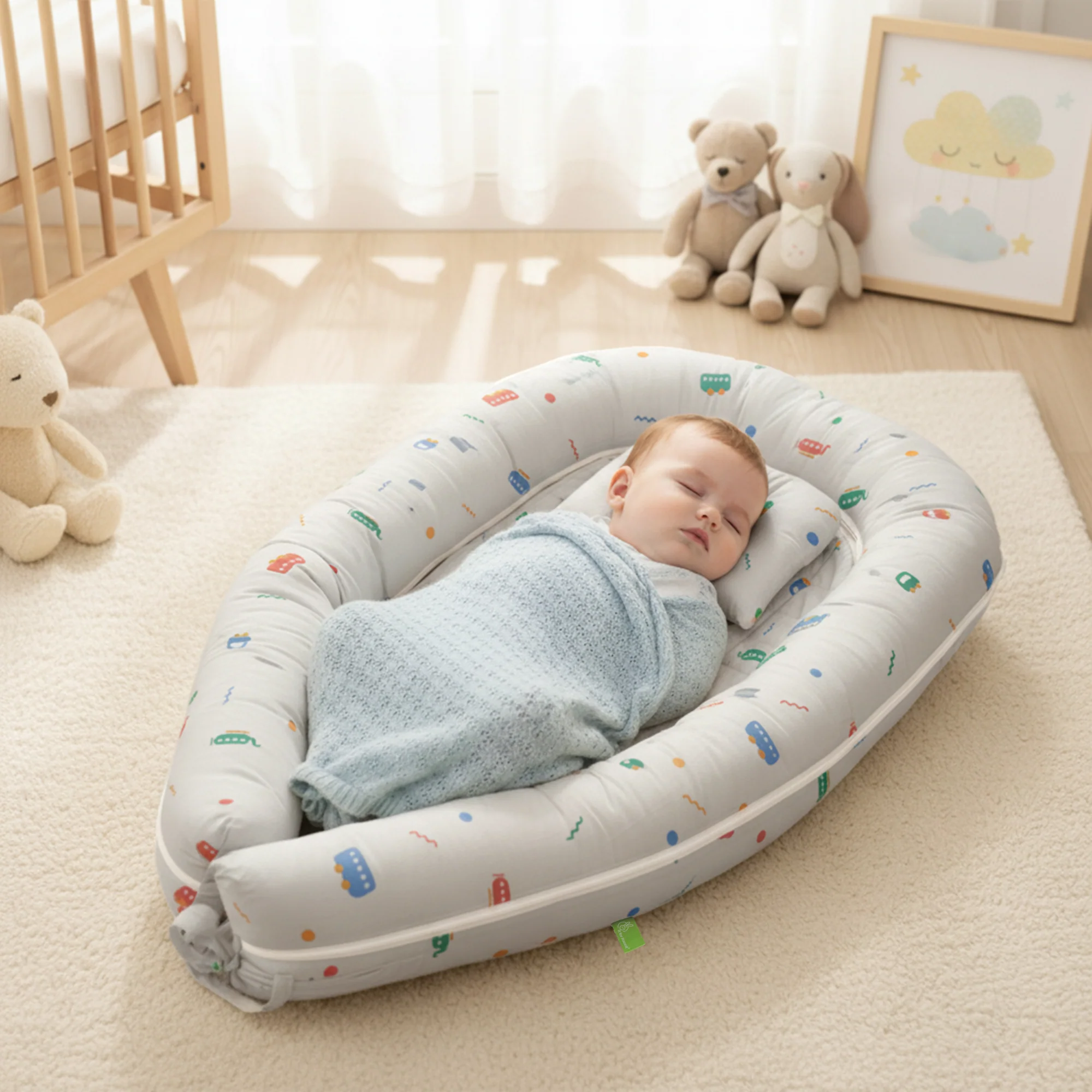 Snuggy Cuddles Newborn Baby Bed - Anti-Roll Baby Nest - 100% Cotton Breathable Lounger - Roadster Grey