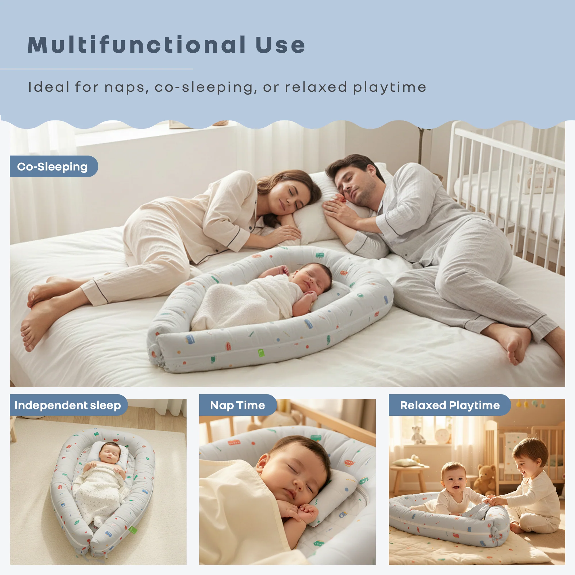 Snuggy Cuddles Newborn Baby Bed - Anti-Roll Baby Nest - 100% Cotton Breathable Lounger - Roadster Grey - Image 3