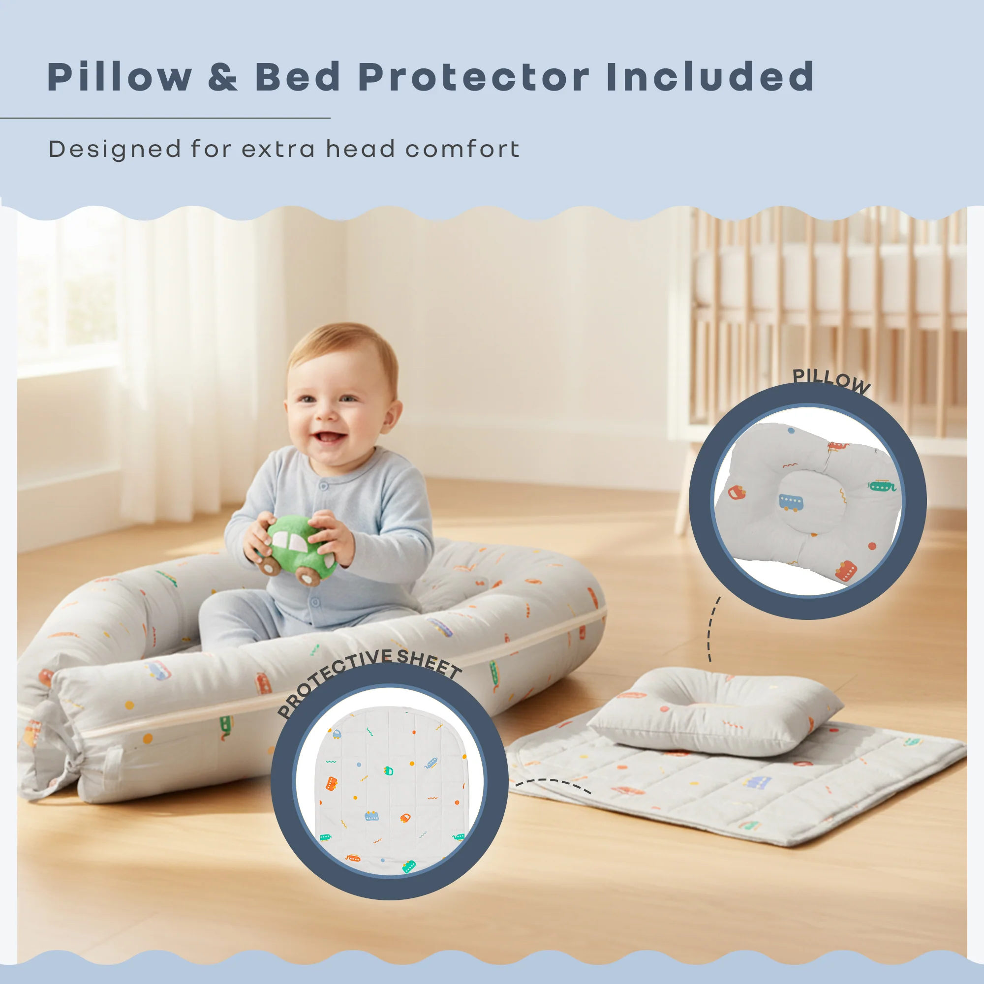 Snuggy Cuddles Newborn Baby Bed - Anti-Roll Baby Nest - 100% Cotton Breathable Lounger - Roadster Grey - Image 6