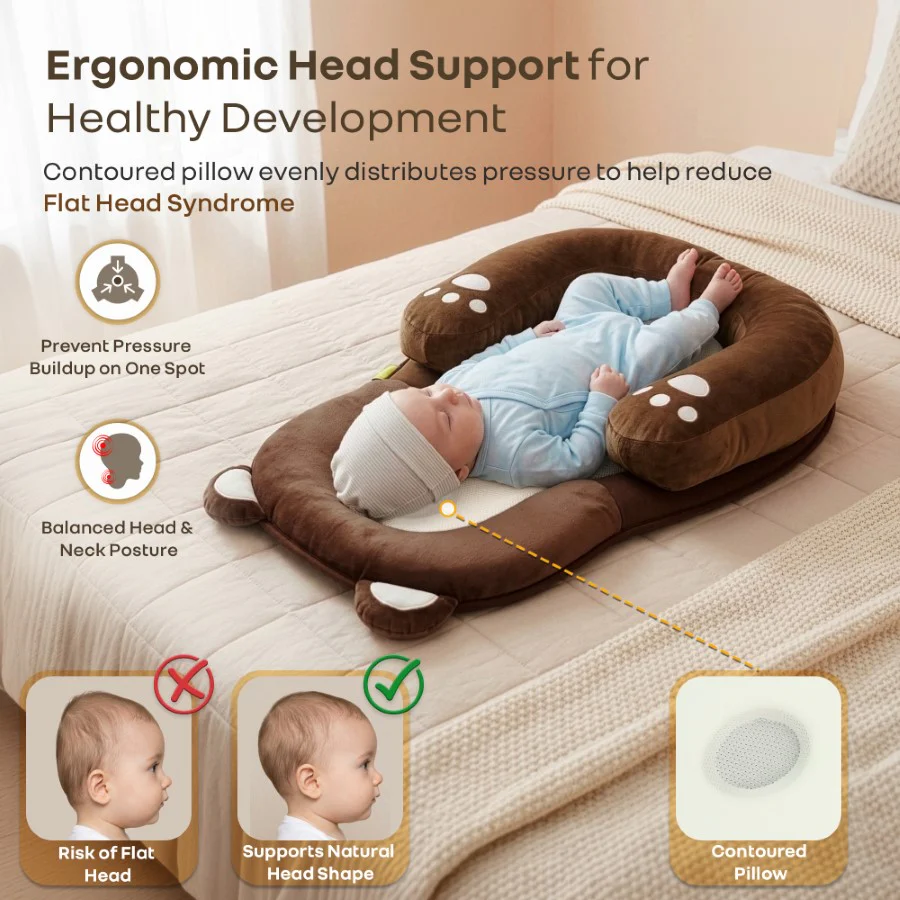 Snuggy Teddy Baby Nest Lounger - 4 in 1 Multipurpose Baby Bedding with Head Support Pillow, Plush Fabric, U-Shaped Cushion Design & Travel Friendly Baby Nest (0+ Months) - Brown - Image 3