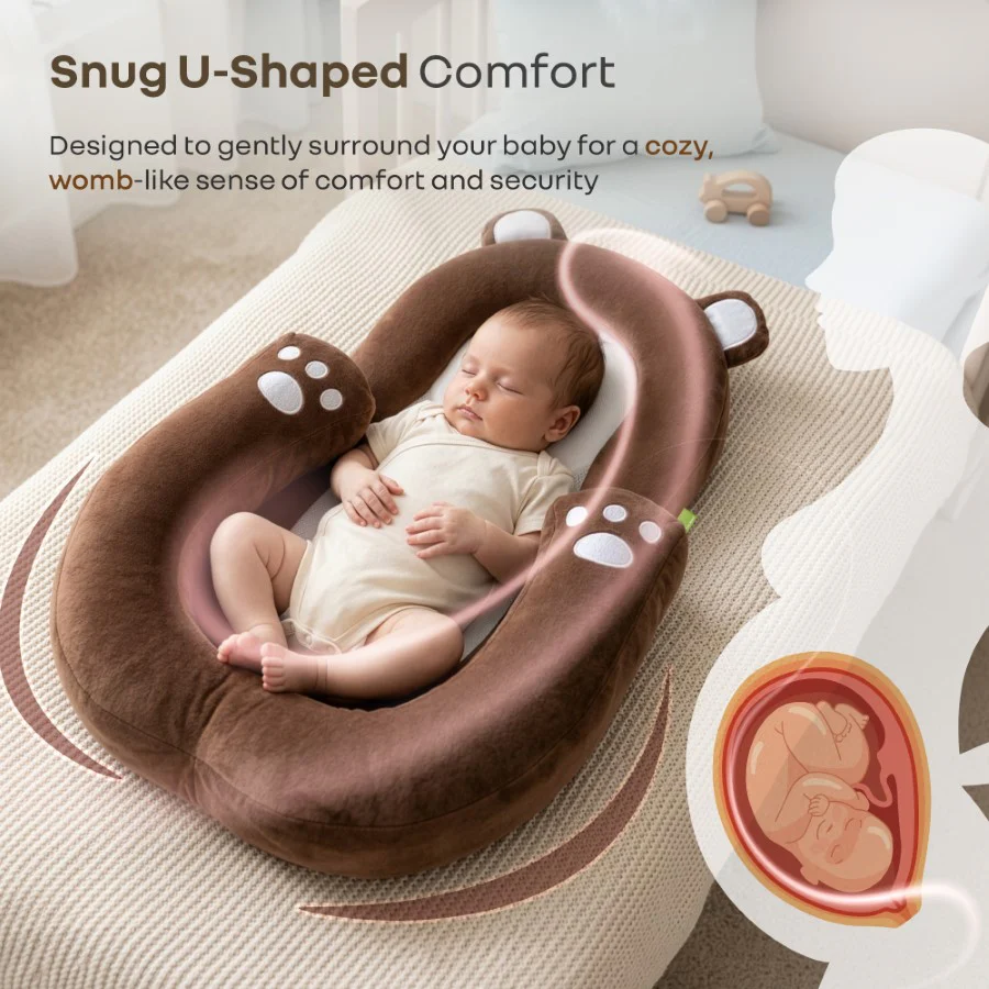 Snuggy Teddy Baby Nest Lounger - 4 in 1 Multipurpose Baby Bedding with Head Support Pillow, Plush Fabric, U-Shaped Cushion Design & Travel Friendly Baby Nest (0+ Months) - Brown - Image 4