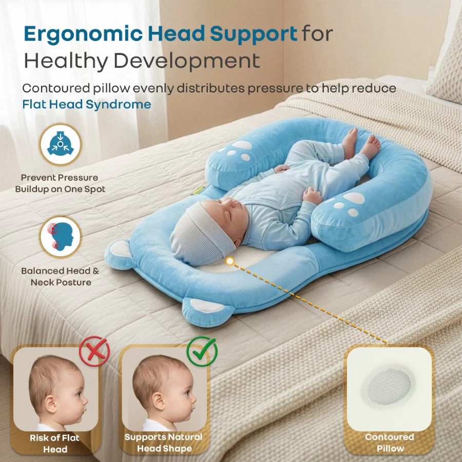 Snuggy Teddy Baby Lounger Nest - 4 in 1 Multipurpose Baby Bedding with Head Support Pillow, Plush Fabric, U-Shaped Cushion Design & Travel Friendly Baby Nest (0+ Months) - Blue - Image 3
