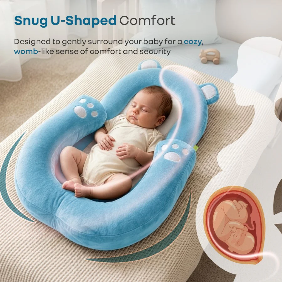 Snuggy Teddy Baby Lounger Nest - 4 in 1 Multipurpose Baby Bedding with Head Support Pillow, Plush Fabric, U-Shaped Cushion Design & Travel Friendly Baby Nest (0+ Months) - Blue - Image 4