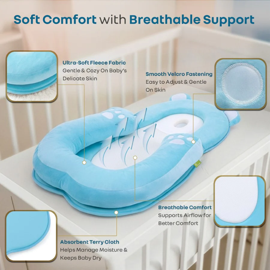 Snuggy Teddy Baby Lounger Nest - 4 in 1 Multipurpose Baby Bedding with Head Support Pillow, Plush Fabric, U-Shaped Cushion Design & Travel Friendly Baby Nest (0+ Months) - Blue - Image 5
