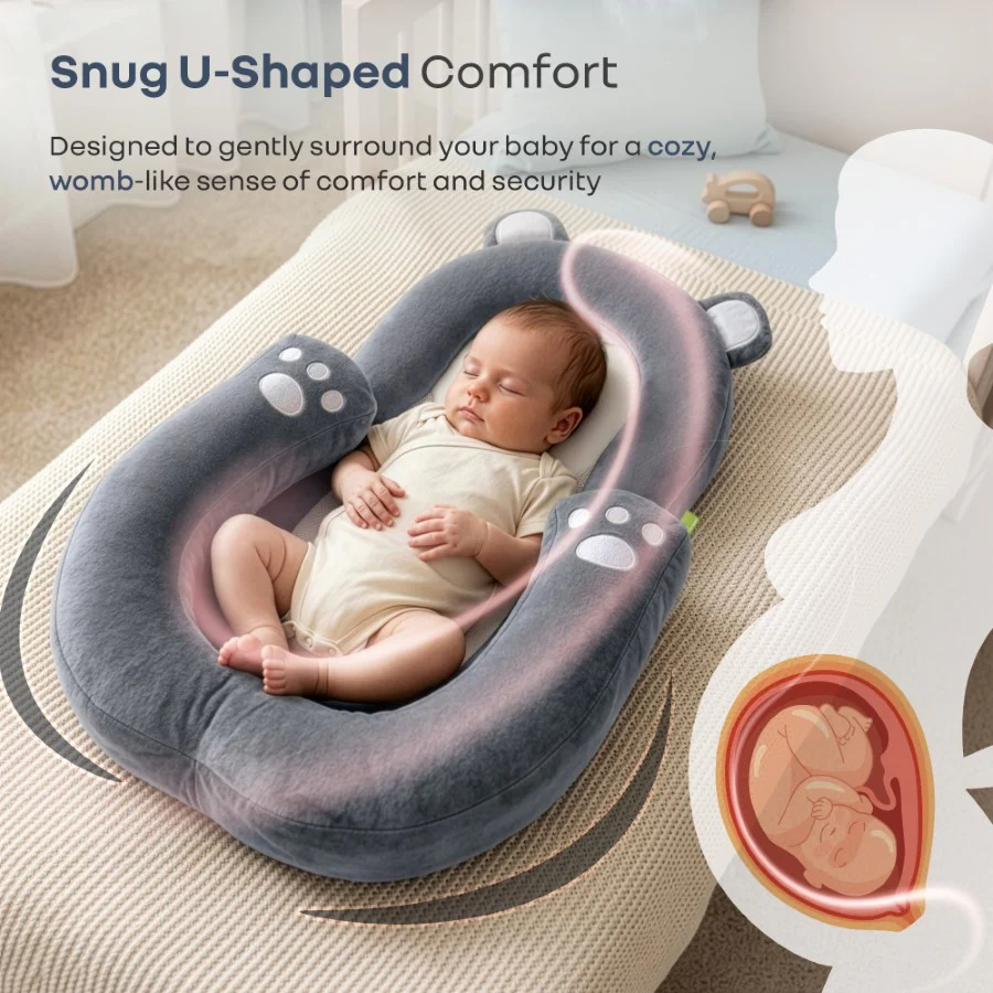 Snuggy Teddy Baby Lounger Nest - 4 in 1 Multipurpose Baby Bedding with Head Support Pillow, Plush Fabric, U-Shaped Cushion Design & Travel Friendly Baby Nest (0+ Months) - Grey - Image 4