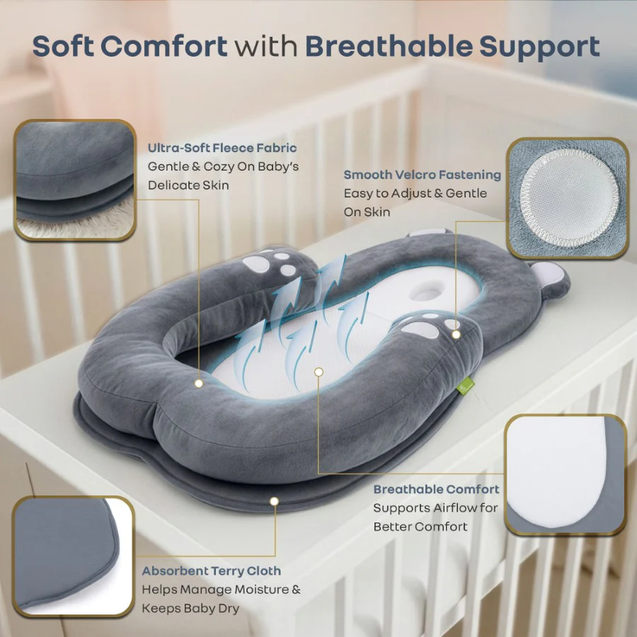 Snuggy Teddy Baby Lounger Nest - 4 in 1 Multipurpose Baby Bedding with Head Support Pillow, Plush Fabric, U-Shaped Cushion Design & Travel Friendly Baby Nest (0+ Months) - Grey - Image 5