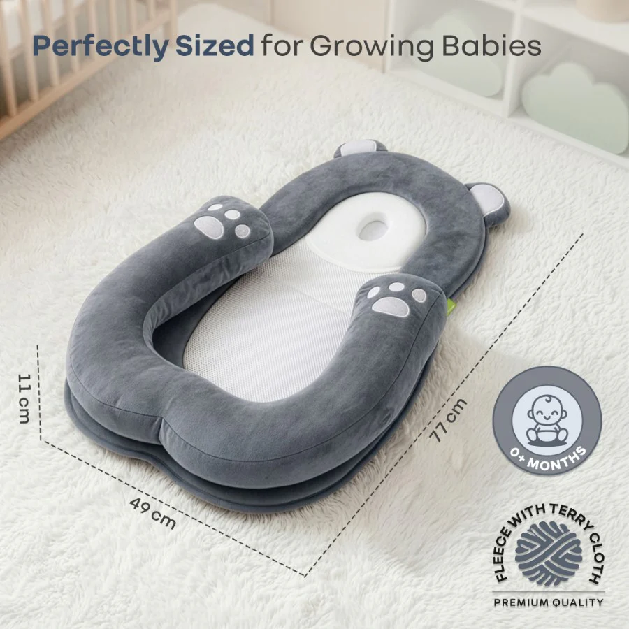 Snuggy Teddy Baby Lounger Nest - 4 in 1 Multipurpose Baby Bedding with Head Support Pillow, Plush Fabric, U-Shaped Cushion Design & Travel Friendly Baby Nest (0+ Months) - Grey - Image 9