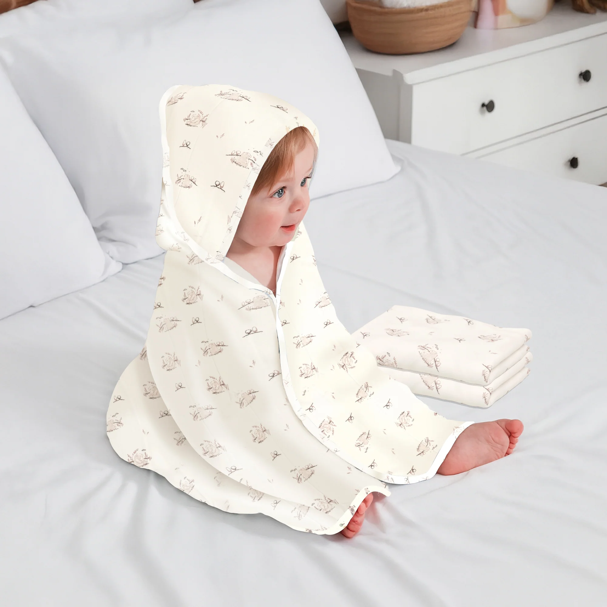 Softkins Baby Hooded Knit Towel with 100% Natural Cotton, Soft & Quick Dry - White Teddy