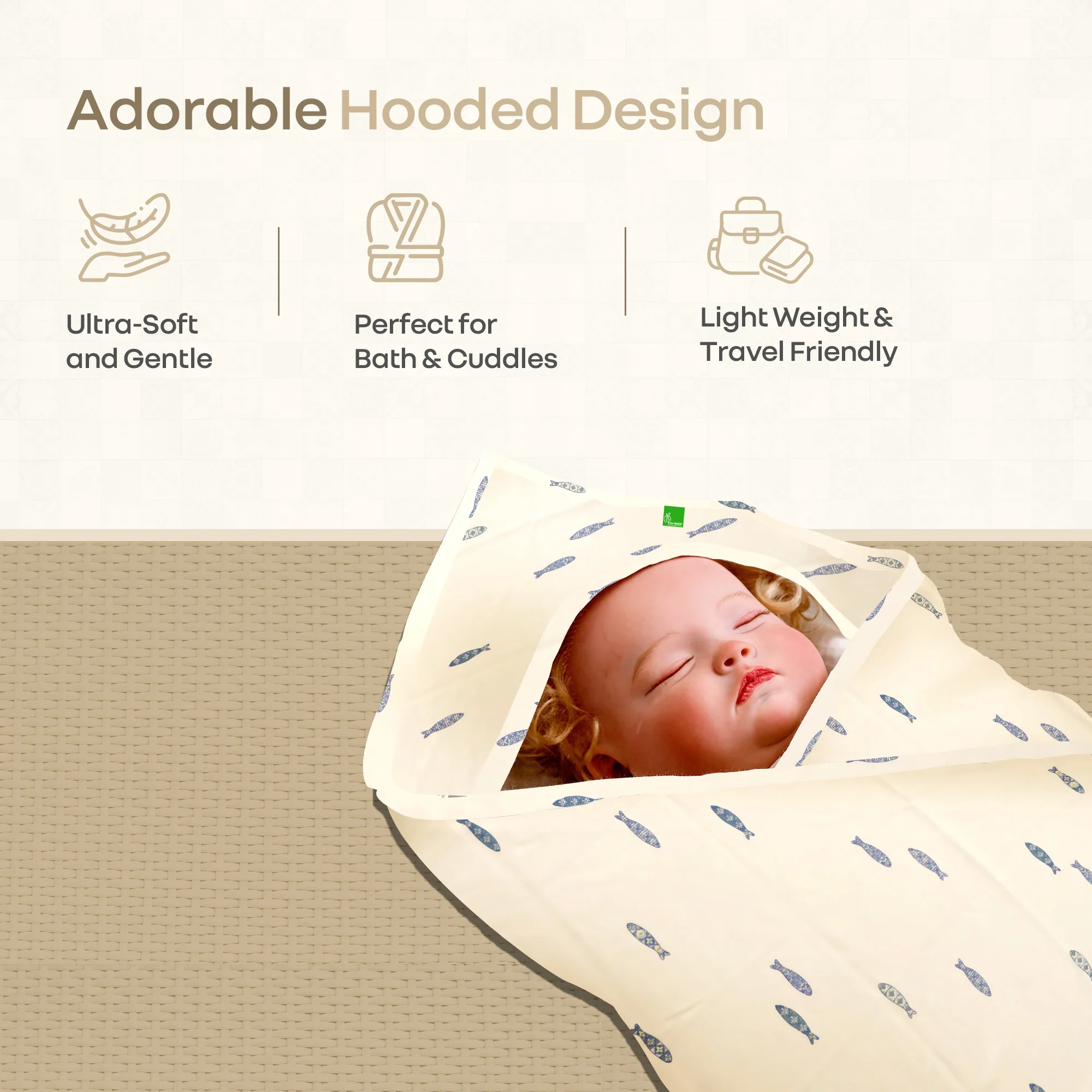 Softkins Baby Hooded Knit Towel with 100% Natural Cotton, Soft & Quick Dry - Fishy Farmland - Image 2