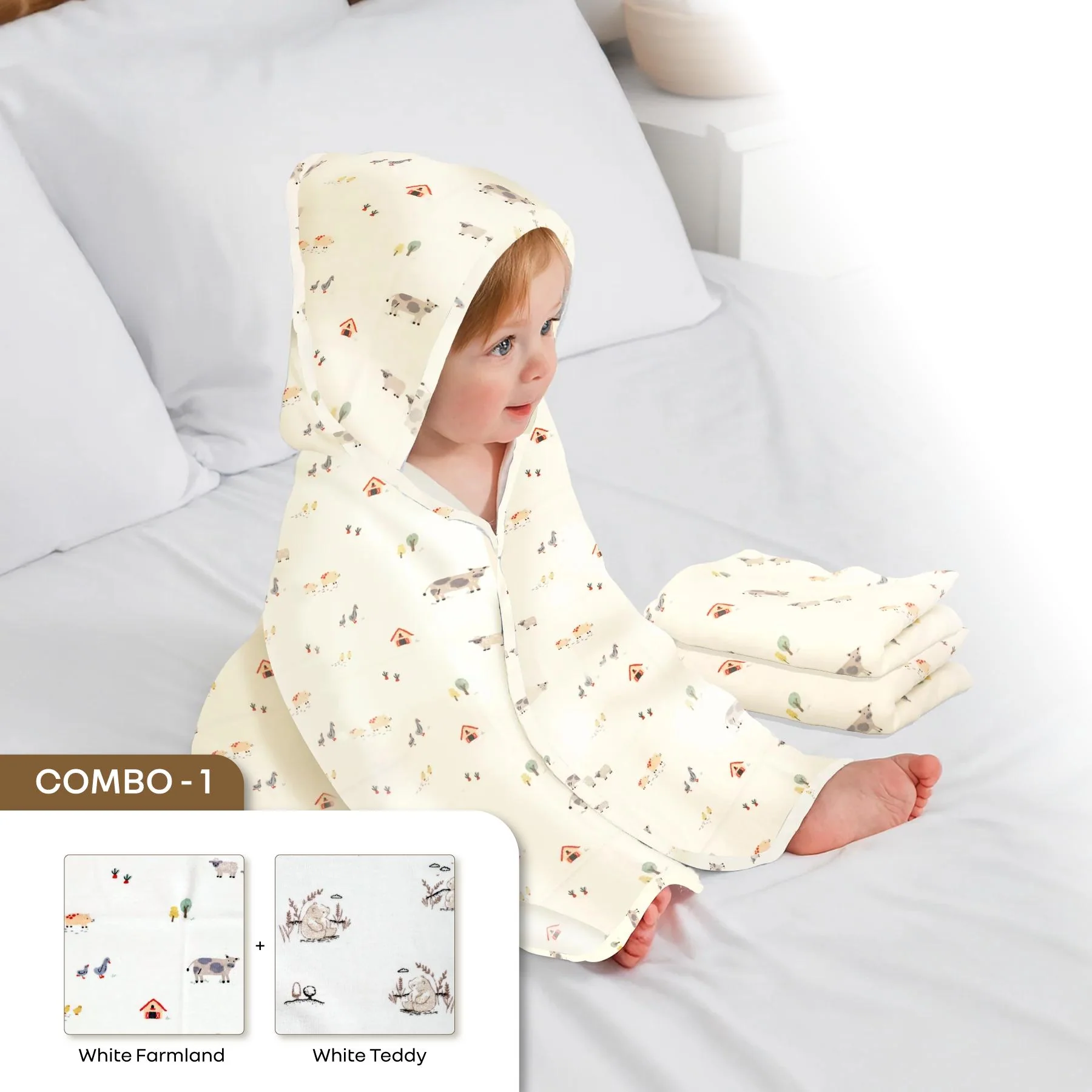 Softkins Baby Hooded Knit Towel with 100% Natural Cotton, Soft & Quick Dry - Teddy Farmland