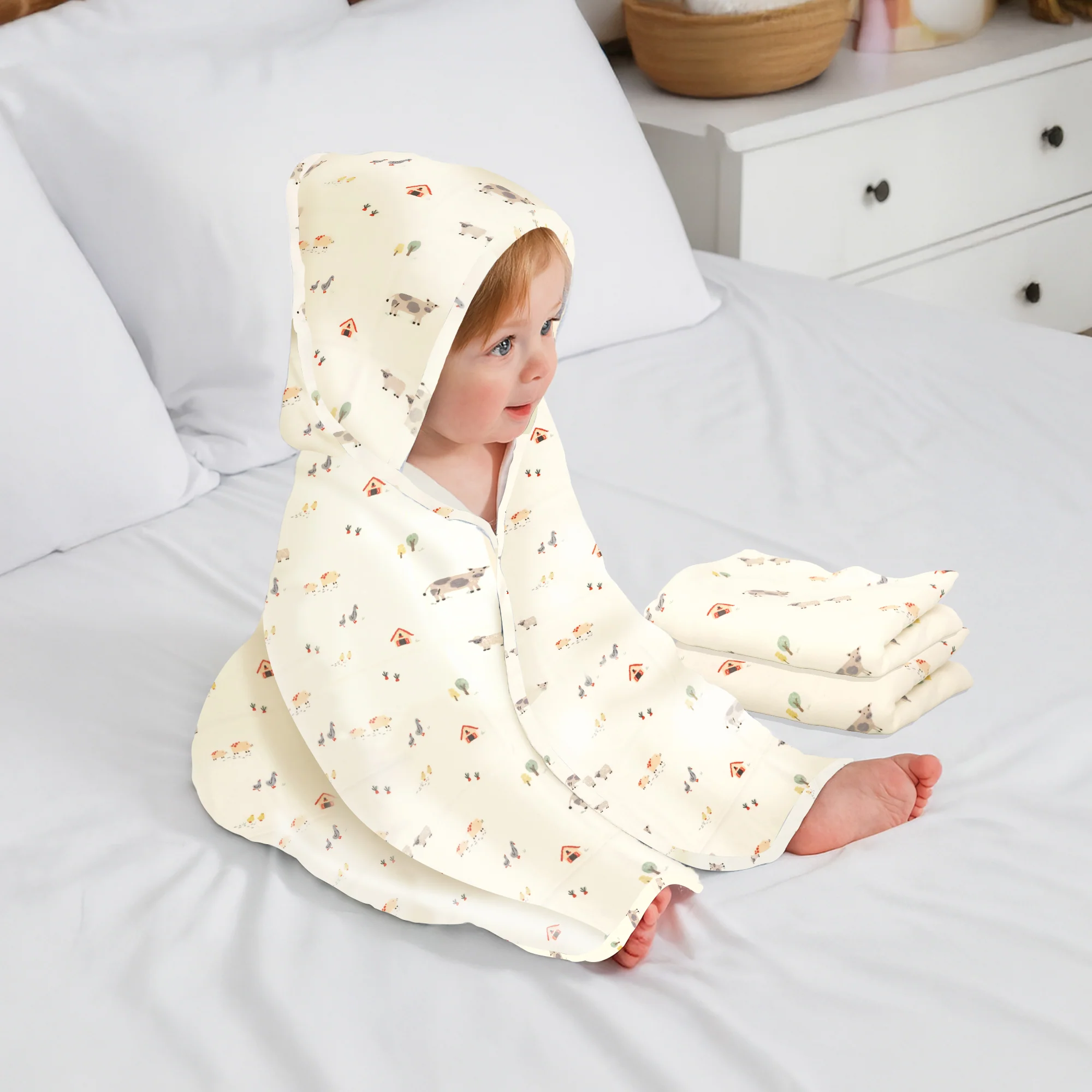 Softkins Baby Hooded Knit Towel with 100% Natural Cotton, Soft & Quick Dry - White Farmland