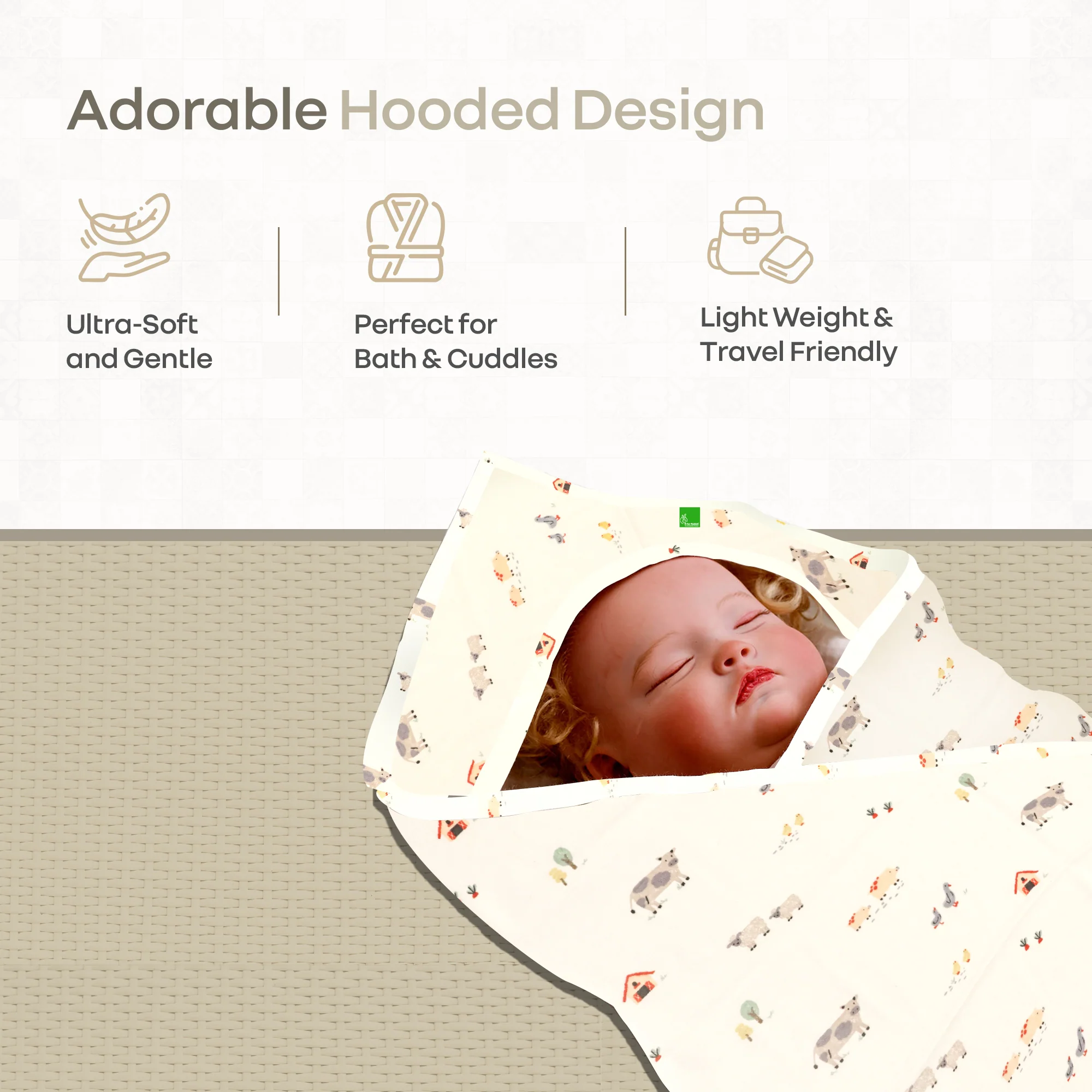 Softkins Baby Hooded Knit Towel with 100% Natural Cotton, Soft & Quick Dry - White Farmland - Image 2