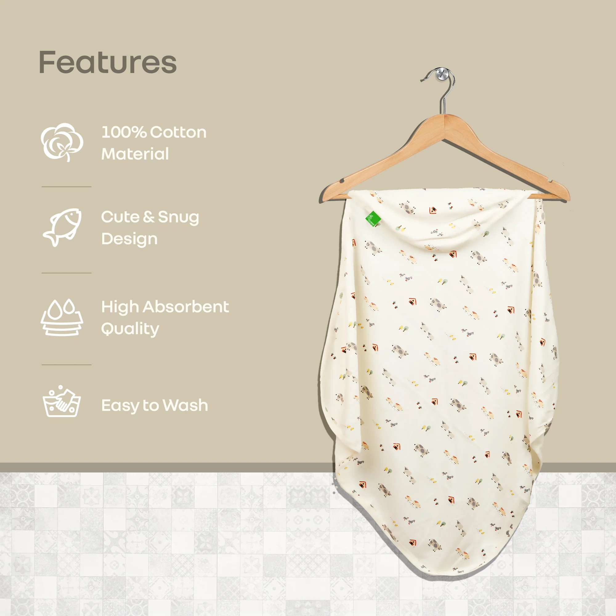 Softkins Baby Hooded Knit Towel with 100% Natural Cotton, Soft & Quick Dry - White Farmland - Image 3