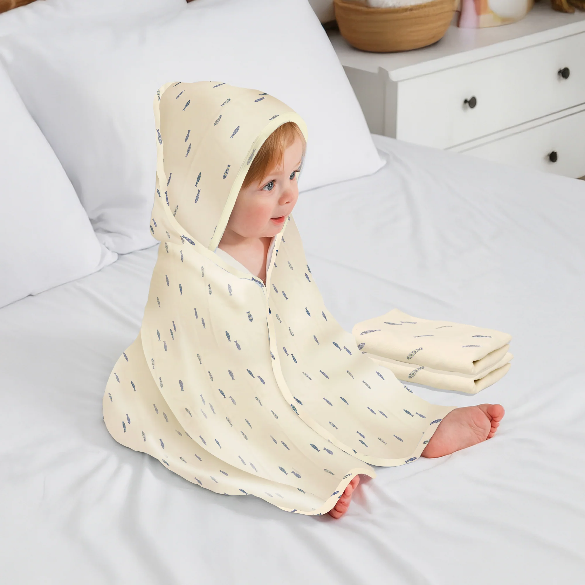 Softkins Baby Hooded Knit Towel with 100% Natural Cotton, Soft & Quick Dry - White Fishy