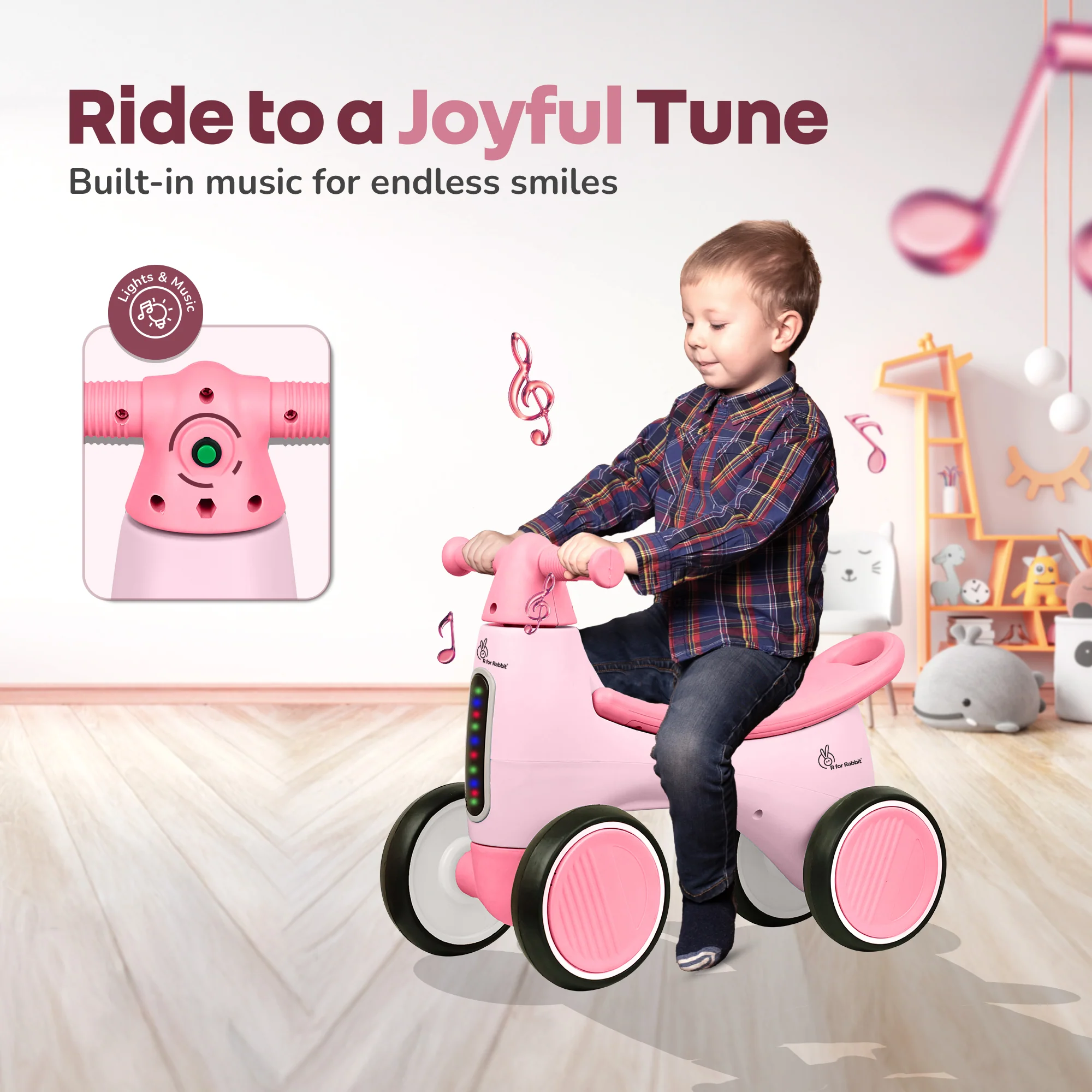 Speedster Glider Baby Ride On Car – Fun Push Ride with Music, LED Lights, Toy Storage & EVA Wheels - Pink - Image 4