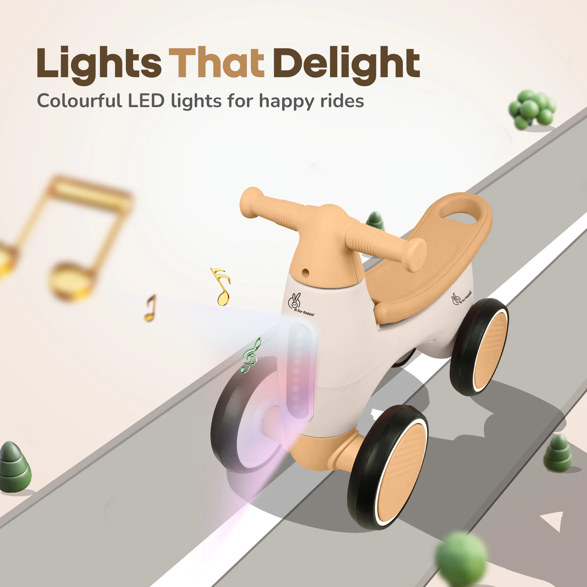 Speedster Glider Baby Ride On Car – Fun Push Ride with Music, LED Lights, Toy Storage & EVA Wheels - Beige - Image 3