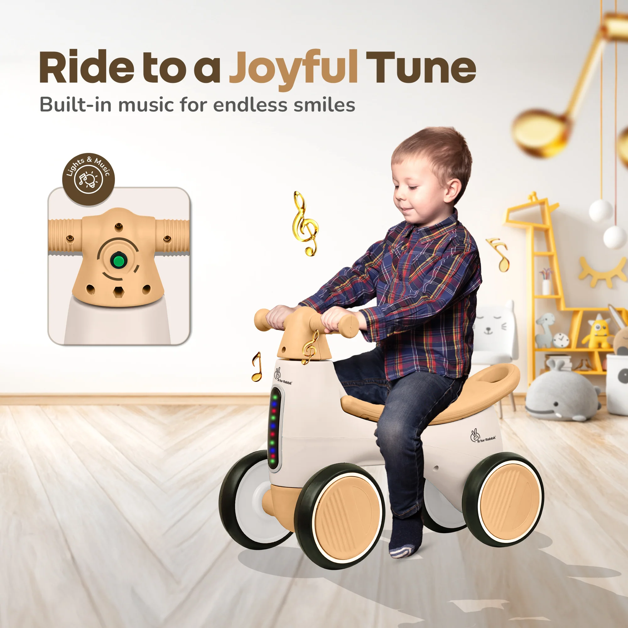 Speedster Glider Baby Ride On Car – Fun Push Ride with Music, LED Lights, Toy Storage & EVA Wheels - Beige - Image 4