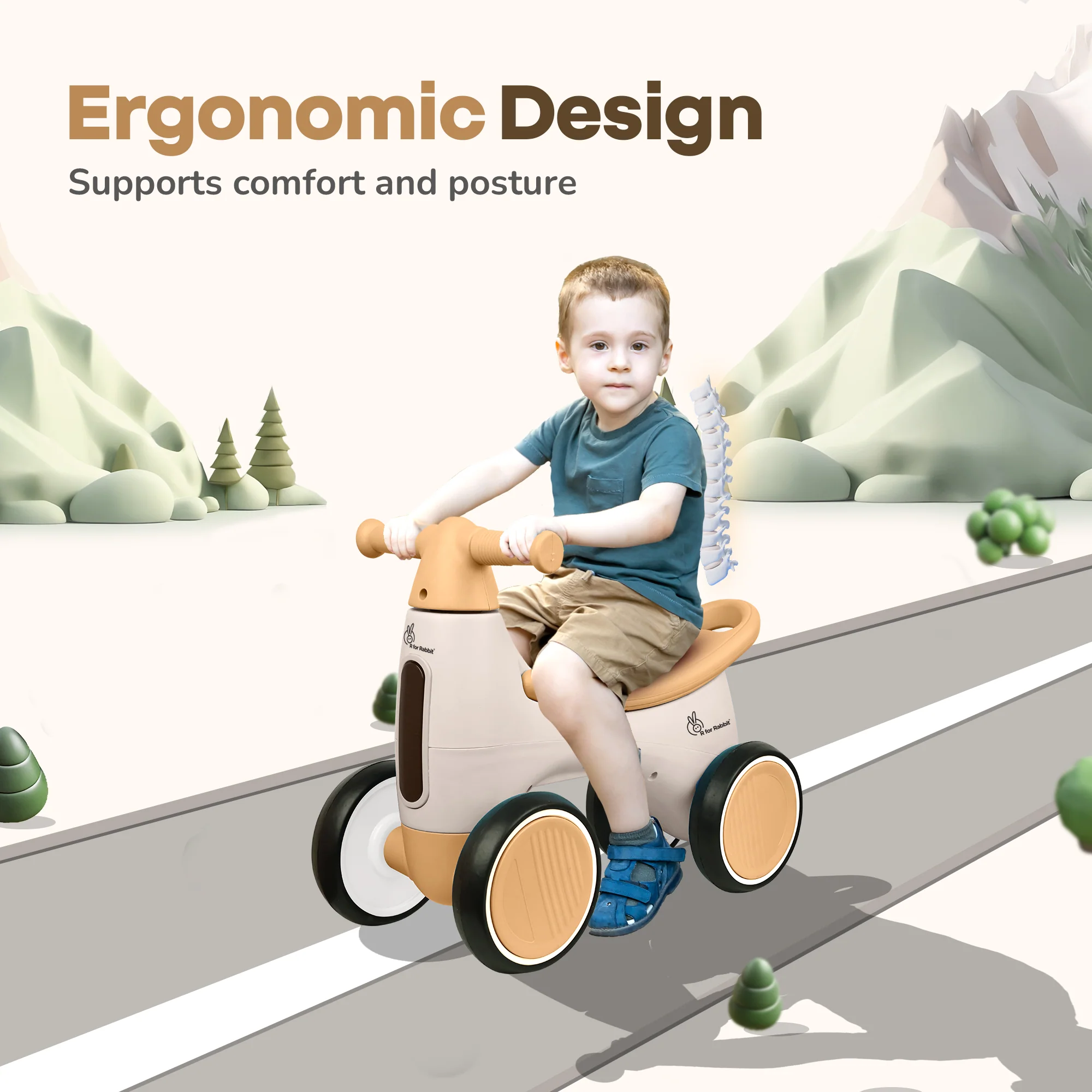 Speedster Glider Baby Ride On Car – Fun Push Ride with Music, LED Lights, Toy Storage & EVA Wheels - Beige - Image 5