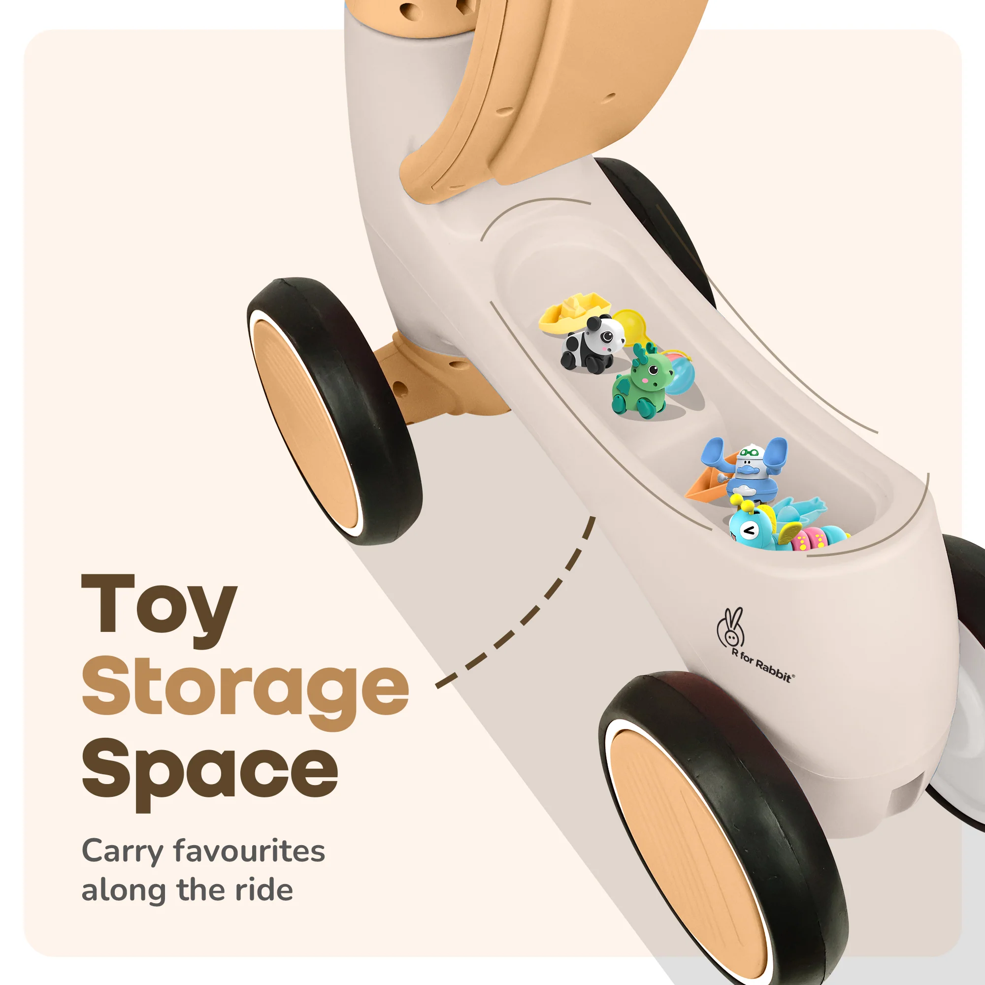 Speedster Glider Baby Ride On Car – Fun Push Ride with Music, LED Lights, Toy Storage & EVA Wheels - Beige - Image 7